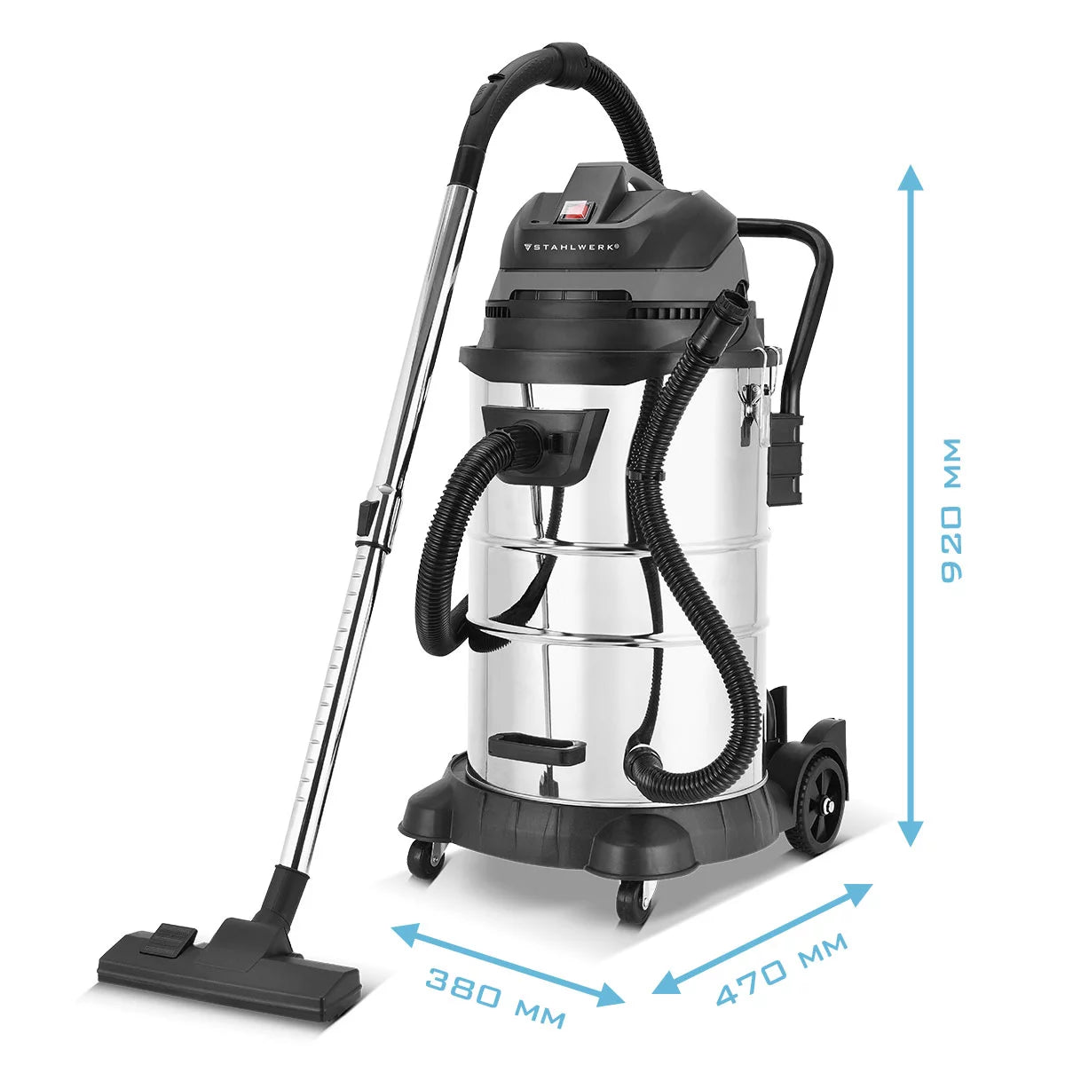Aspiraliquidi STAHLWERK VCL-1400 ST | Aspiratore industriale da 1400 W con contenitore metallico da 60 L | Funzione di soffiaggio e scuotimento della polvere, spegnimento di sicurezza | Potente aspirapolvere da officina con accessori