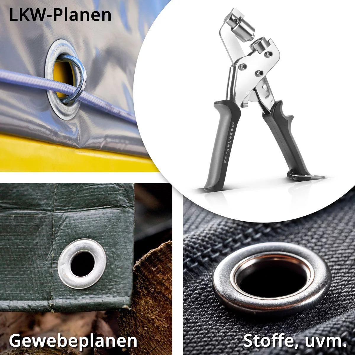 STAHLWERK Ösenzange Set 10 mm mit Lochstanze und 250 Ösen magnetische Profi-Ösenzange | Ösenpresse | Ösenstanze | Ösenwerkzeug aus gehärtetem Stahl