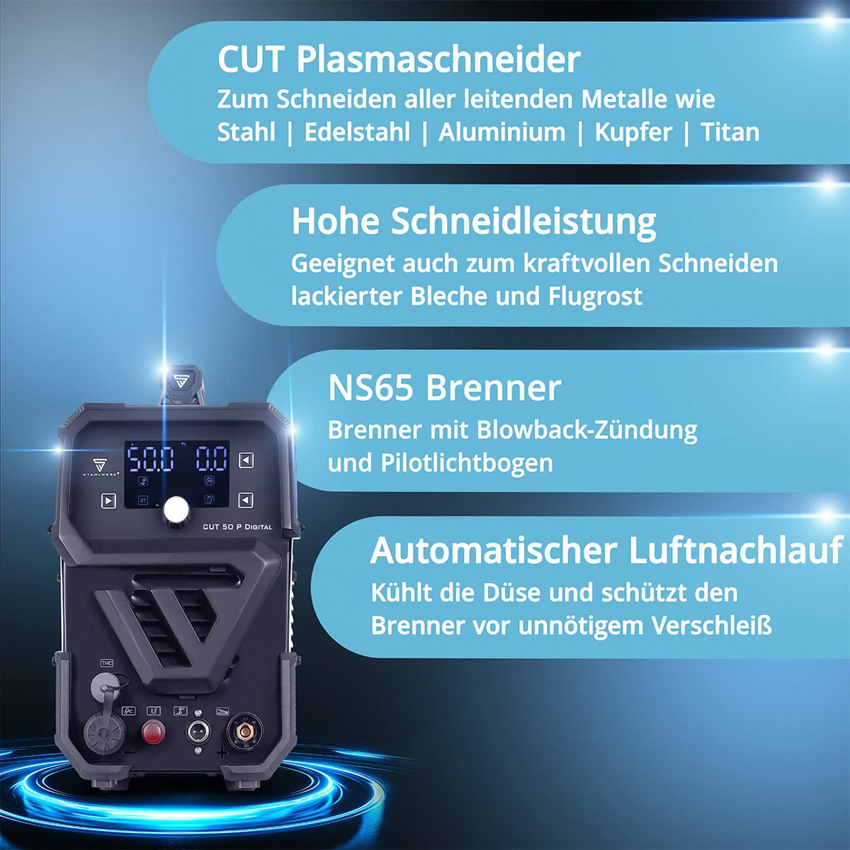 STAHLWERK Plasmaschneider CUT 50 P Digital | 50A Inverter-Plasmaschneider | Blowback-Zündung | Digitalanzeige | THC-Schnittstelle für CNC | Schneidleistung bis 20 mm | Plasma Cutter mit 2T/4T-Funktion