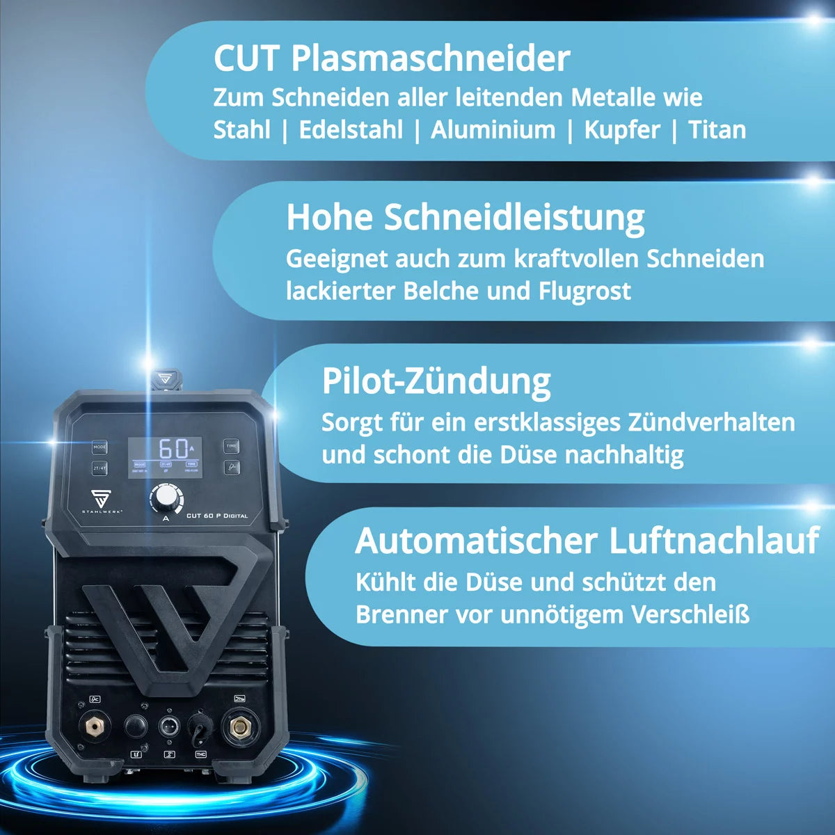 STAHLWERK Plasmaschneider CUT 60 P Digital | 60 A Inverter-Plasmaschneider | HF-Pilotzündung | Digitalanzeige | THC-Schnittstelle für CNC | Schneidleistung bis 20 mm | Plasma Cutter mit 2T/4T-Funktion