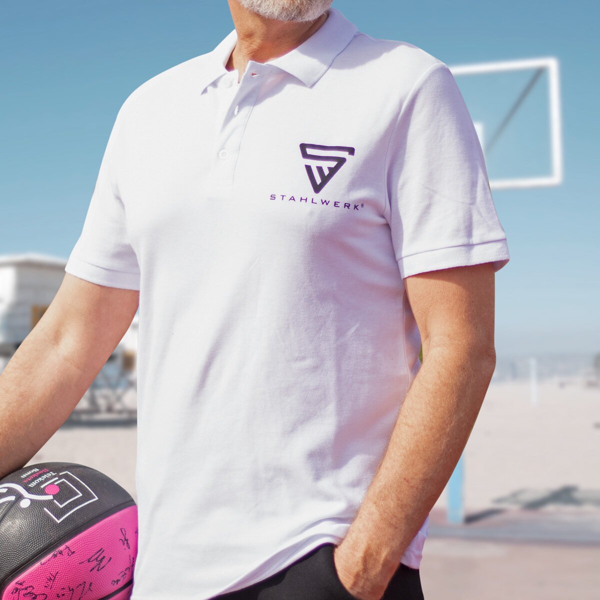Polo STAHLWERK taglia XL polo bianca a maniche corte con stampa logo realizzata in cotone al 100%