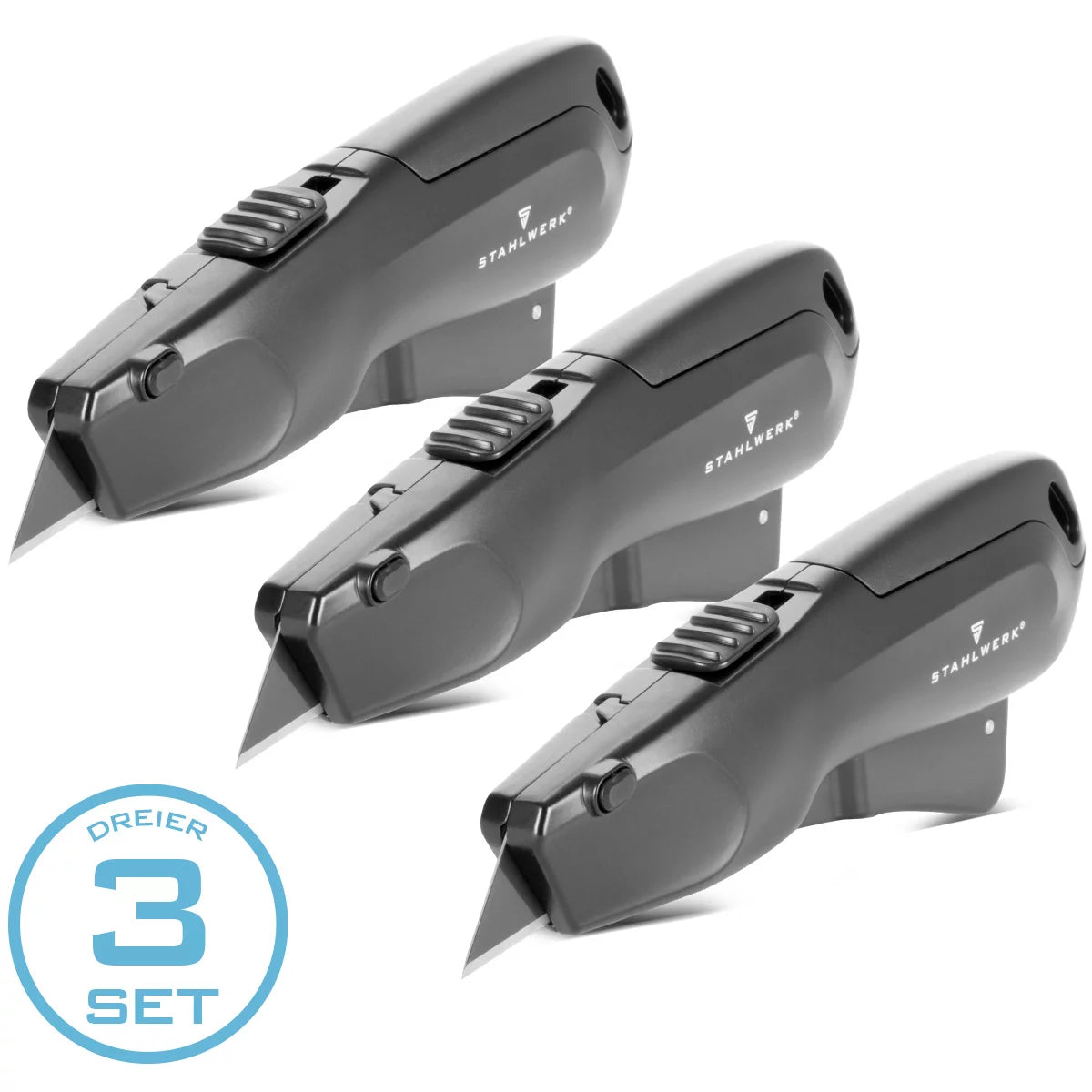 STAHLWERK Cuttermesser UCM-19 ST 3er Set mit Schnellwechsel-Klinge, automatischem Klingenrückzug und Sicherheitsverriegelung Cutter | Teppichmesser | Sicherheitsmesser | Paketmesser | Kartonmesser