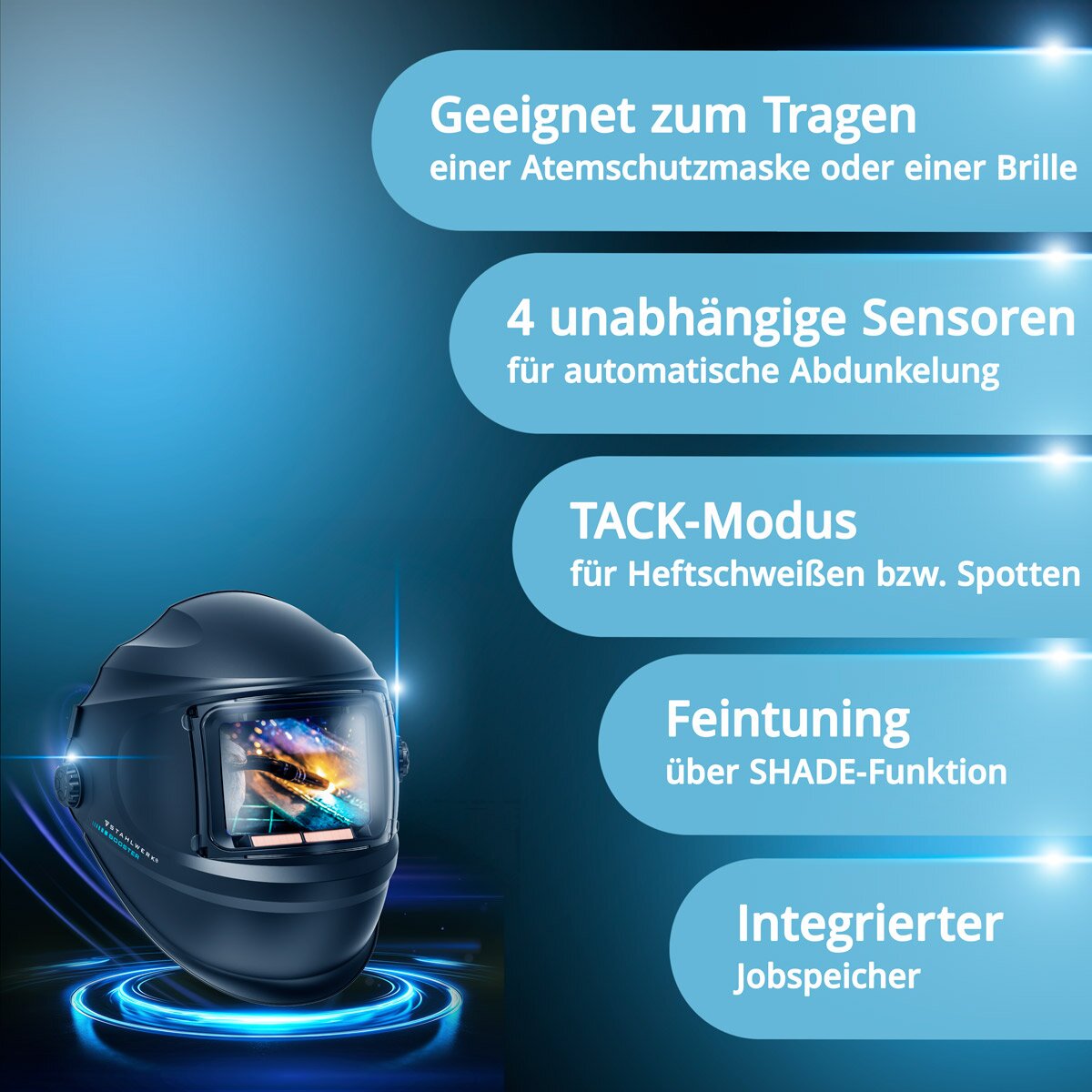 STAHLWERK Automatik-Schweißhelm BOOSTER 3-in-1 Schweißerhelm | Schweißermaske mit True-Colour-Echtfarbwiedergabe, Jobspeicher, automatischer Abdunkelung DIN 4 bis DIN 13 und Optischer Klasse 1/1/1/2