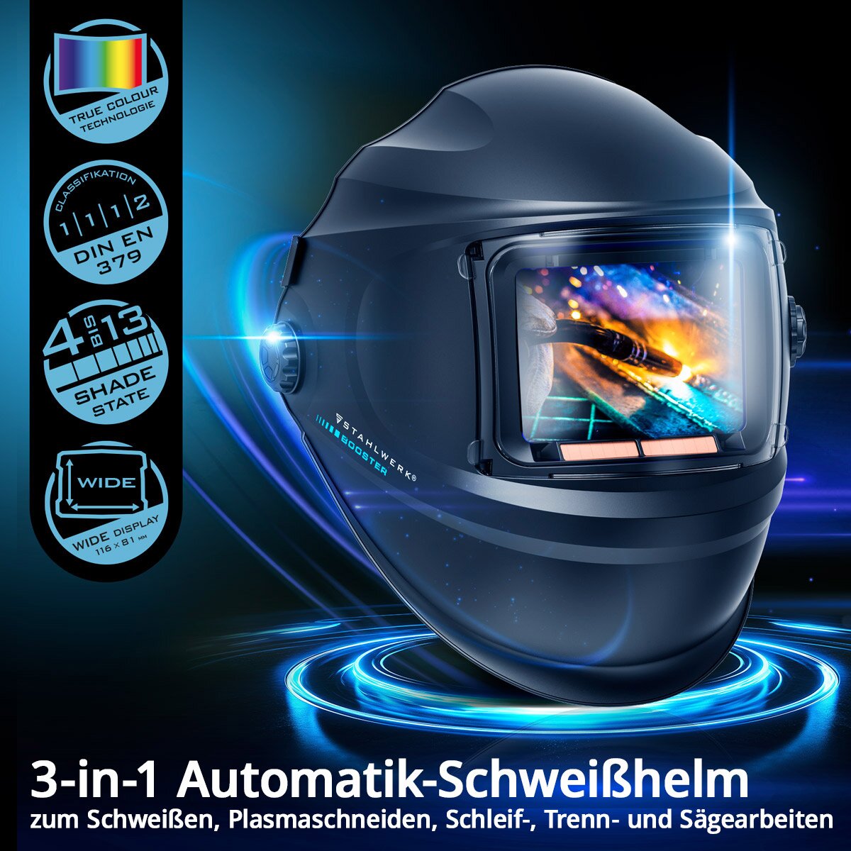 STAHLWERK Automatik-Schweißhelm BOOSTER 3-in-1 Schweißerhelm | Schweißermaske mit True-Colour-Echtfarbwiedergabe, Jobspeicher, automatischer Abdunkelung DIN 4 bis DIN 13 und Optischer Klasse 1/1/1/2