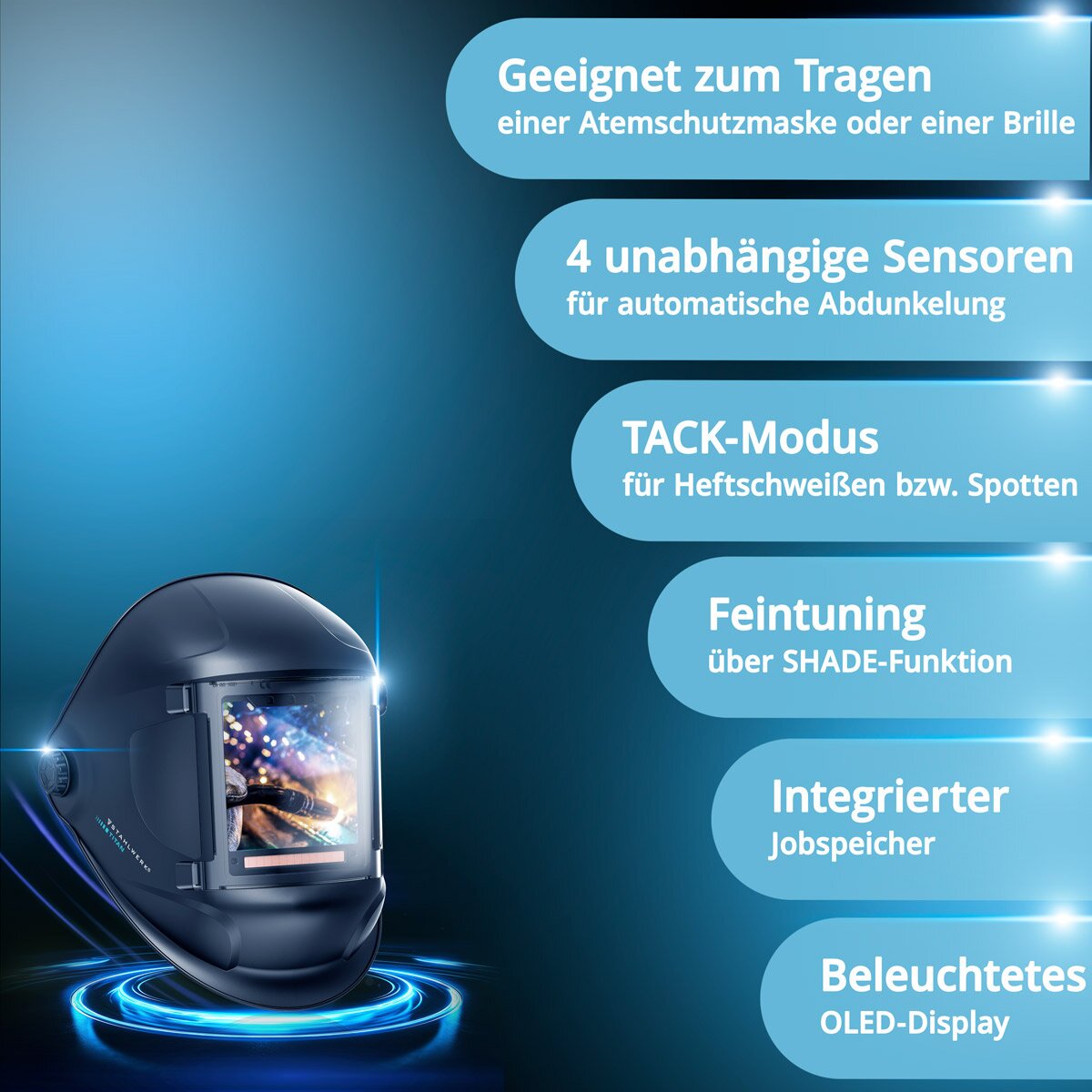 STAHLWERK Automatik-Schweißhelm TITAN 3-in-1 Schweißerhelm | Schweißermaske mit True-Colour-Echtfarbwiedergabe, Jobspeicher, automatischer Abdunkelung DIN 4 bis DIN 14 und Optischer Klasse 1/1/1/1