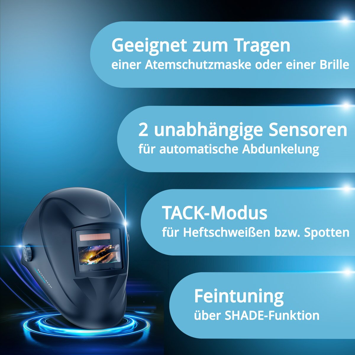 STAHLWERK Automatik-Schweißhelm WORKER 3-in-1 Schweißerhelm | Schweißschild | Schweißmaske mit True-Colour-Echtfarbwiedergabe, automatischer Abdunkelung DIN 4 bis DIN 13 und Optischer Klasse 1/1/1/2
