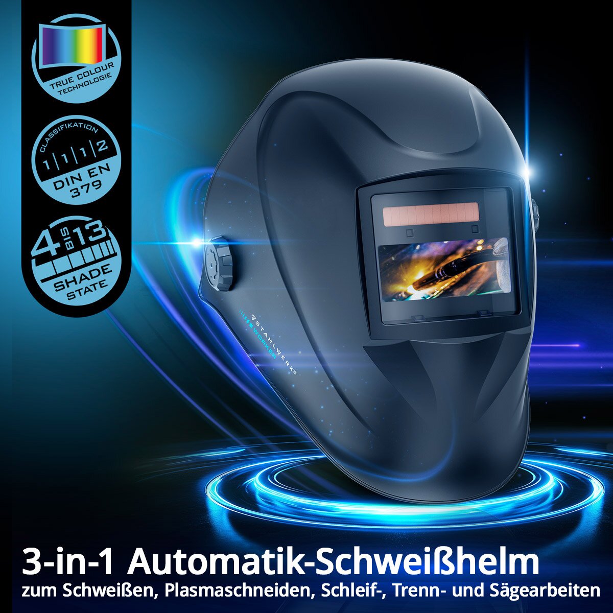 STAHLWERK Automatik-Schweißhelm WORKER 3-in-1 Schweißerhelm | Schweißschild | Schweißmaske mit True-Colour-Echtfarbwiedergabe, automatischer Abdunkelung DIN 4 bis DIN 13 und Optischer Klasse 1/1/1/2