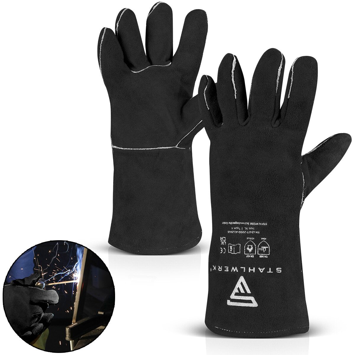 Guantes de protección para soldadura STAHLWERK, guantes de protección térmica extra resistentes Guantes de trabajo | Guantes de soldadura | Guantes resistentes al calor fabricados en serraje de alta calidad para soldadura y corte por plasma.