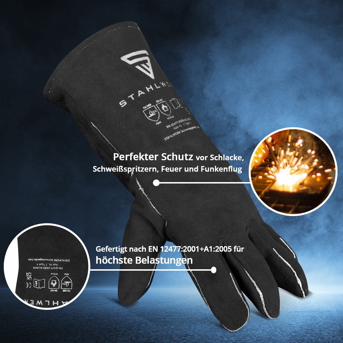 Guantes de protección para soldadura STAHLWERK, guantes de protección térmica extra resistentes Guantes de trabajo | Guantes de soldadura | Guantes resistentes al calor fabricados en serraje de alta calidad para soldadura y corte por plasma.