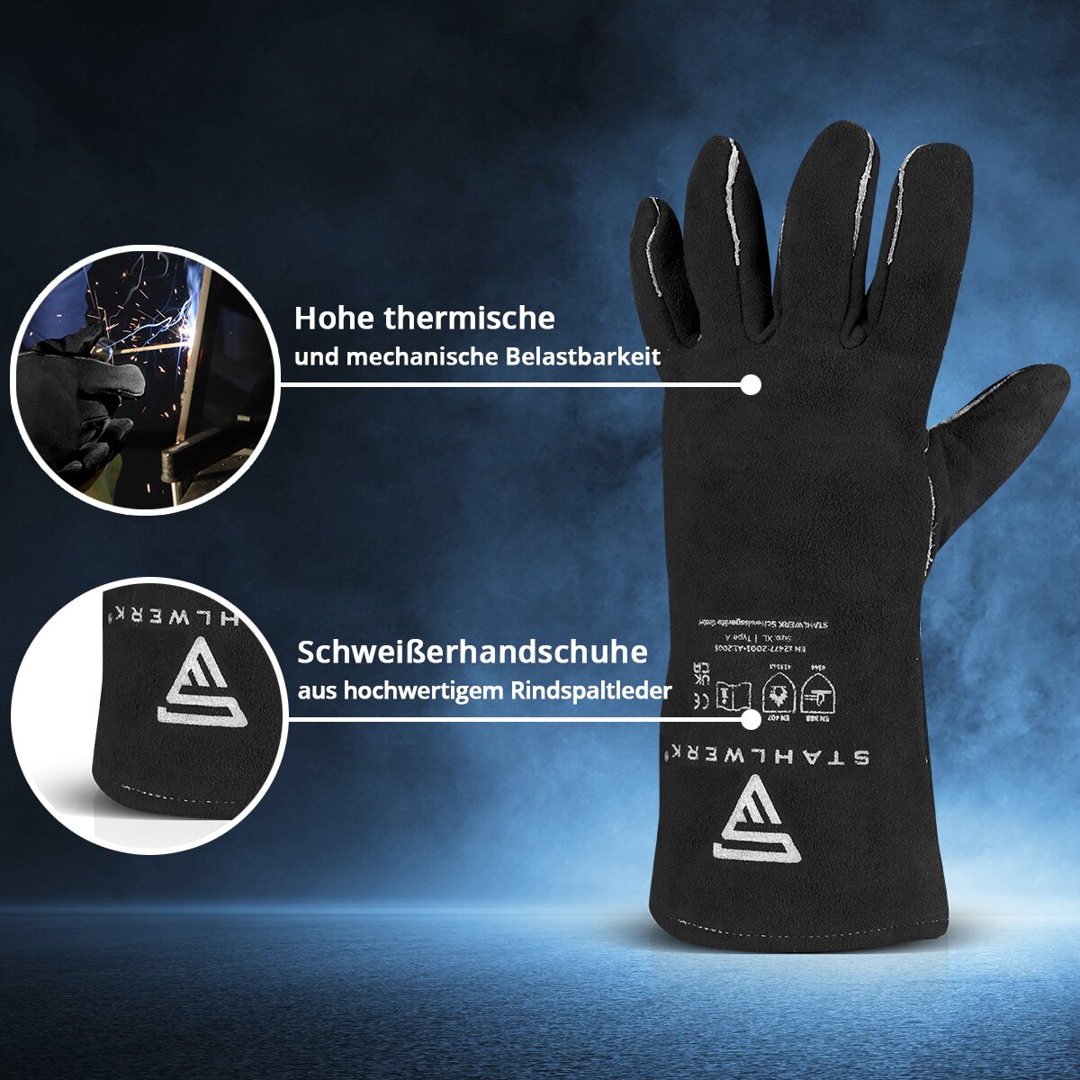 Guantes de protección para soldadura STAHLWERK, guantes de protección térmica extra resistentes Guantes de trabajo | Guantes de soldadura | Guantes resistentes al calor fabricados en serraje de alta calidad para soldadura y corte por plasma.