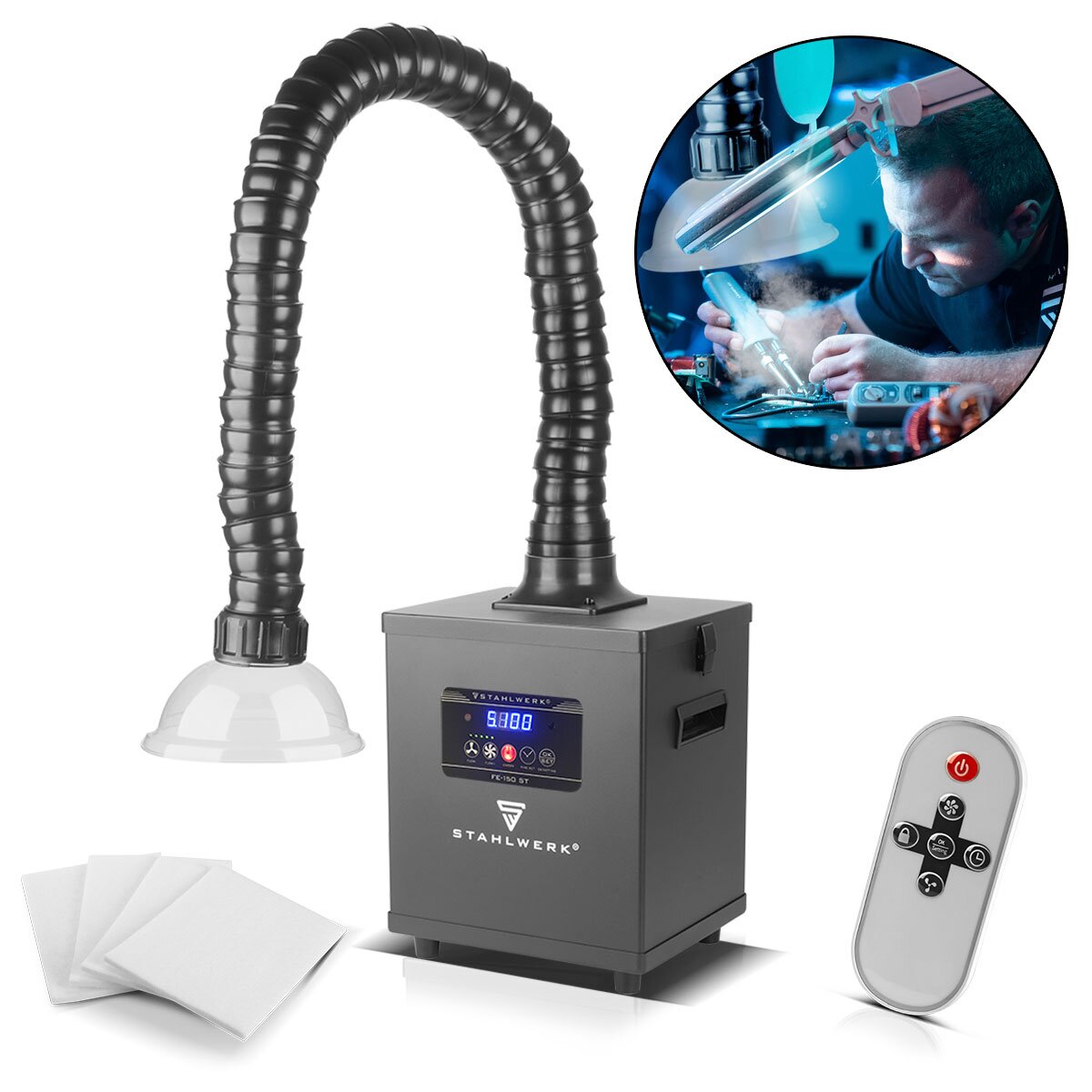 Désenfumage STAHLWERK FE-150 ST avec triple filtre et système d'aspiration 150 W | Absorbeur de fumée | Évent de fumée | Extraction des fumées de soudage et de brasage pour filtrer et extraire les fumées, les gaz et les vapeurs