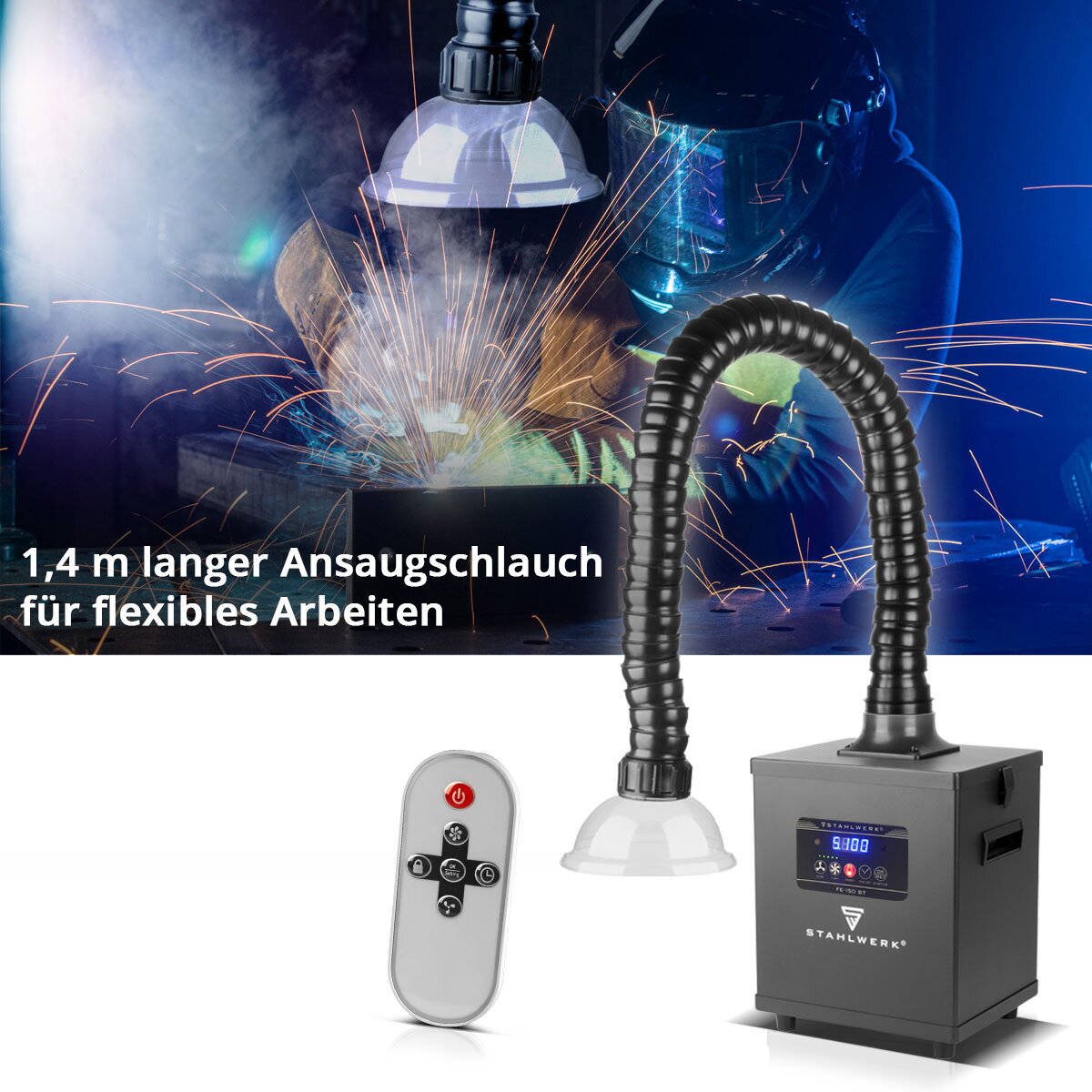 Désenfumage STAHLWERK FE-150 ST avec triple filtre et système d'aspiration 150 W | Absorbeur de fumée | Évent de fumée | Extraction des fumées de soudage et de brasage pour filtrer et extraire les fumées, les gaz et les vapeurs