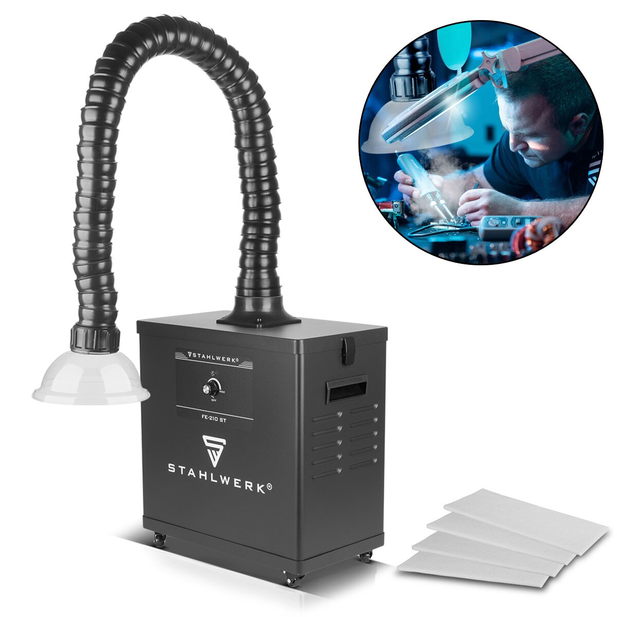 Désenfumage STAHLWERK FE-210 ST avec triple filtre et système d'aspiration 210 W | Absorbeur de fumée | Évent de fumée | Extraction des fumées de soudage et de brasage pour filtrer et extraire les fumées, les gaz et les vapeurs