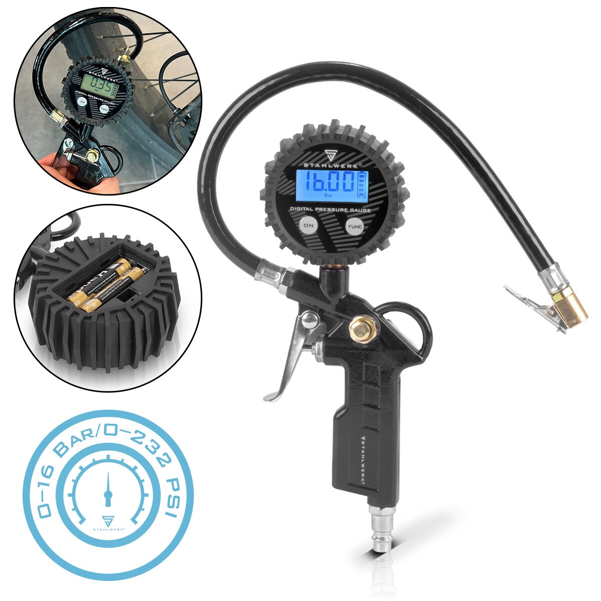 STAHLWERK digital compressed air tire inflation gun DRD-16 ST | Compressed air tire inflator with digital pressure gauge | Tire pressure gauge for cars, trucks, motorcycles, bicycles | Measuring range 0-16 Bar / 0-232 PSI