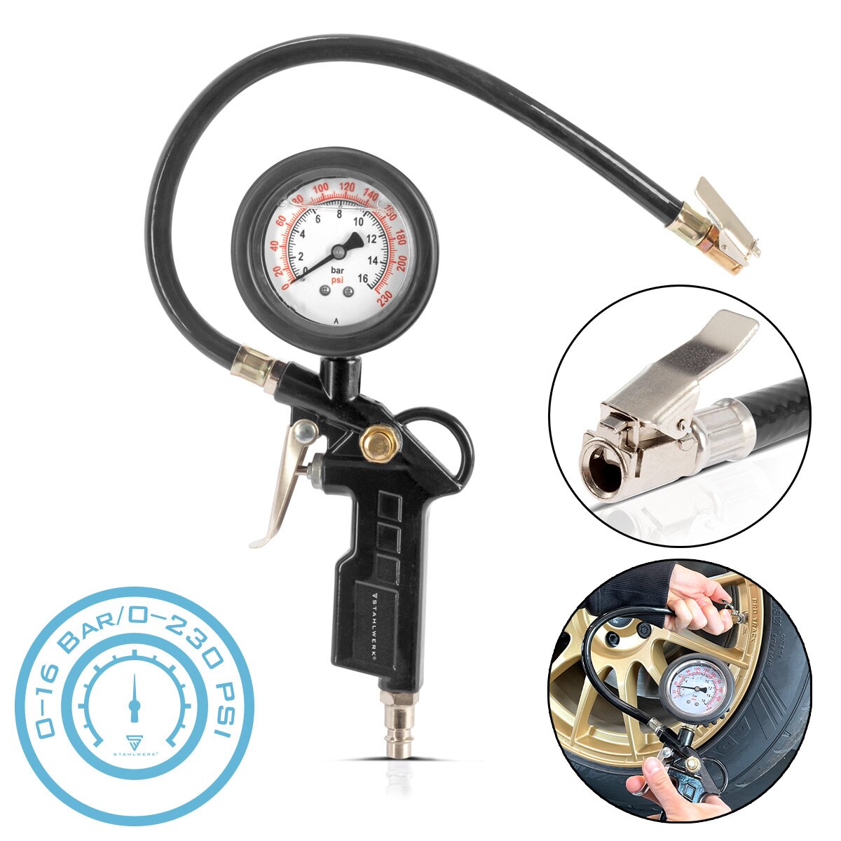 Pistola para inflar neumáticos de aire comprimido STAHLWERK DRA-161 ST | Inflador de neumáticos de aire comprimido con manómetro | Manómetro de neumáticos 2 en 1 para coches, camiones, motos, bicicletas | Rango de medición 0 a 16 bar/ 0 a 230 PSI