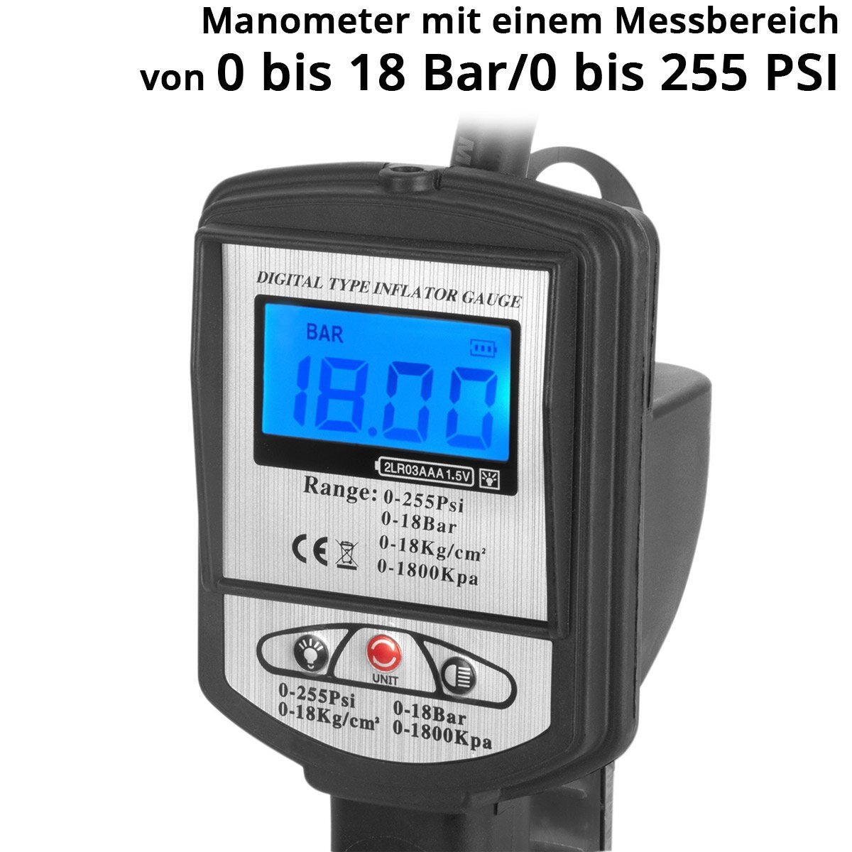 STAHLWERK Digitale Druckluft-Reifenfüllpistole DRP-18 ST | Druckluft Reifenfüller mit digitalem Manometer | Digital Reifendruckprüfer für PKW, LKW, Motorrad, Fahrrad | Messbereich 0-18 Bar / 0-255 PSI