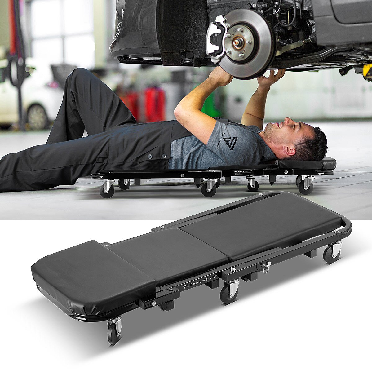 Sgabello da officina STAHLWERK 2 in 1 FRC-40 ST con portata di 150 kg, tavola pieghevole per auto | Rullo di montaggio | Divano da officina | Divano componibile con funzione seduta e sdraiata