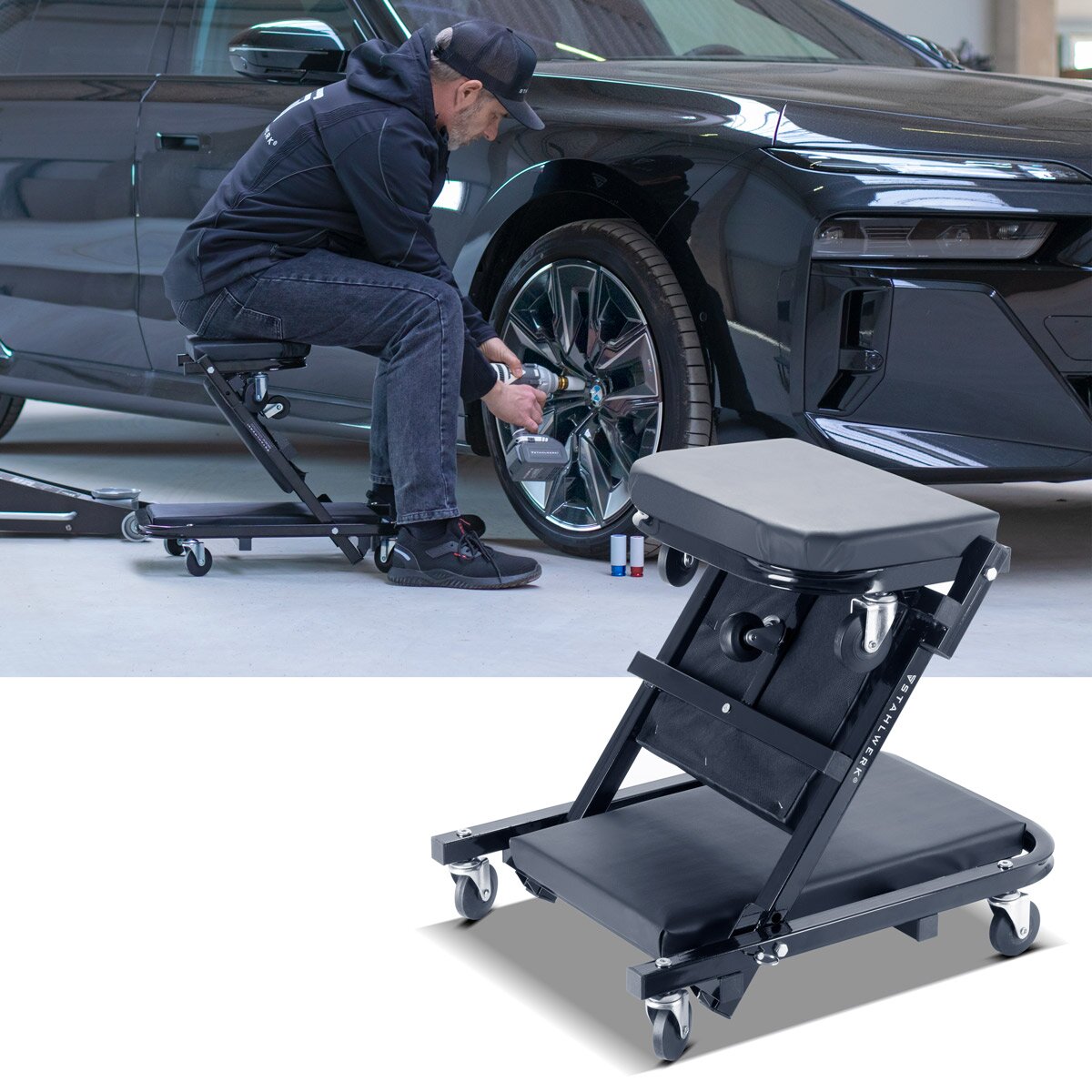 Sgabello da officina STAHLWERK 2 in 1 FRC-40 ST con portata di 150 kg, tavola pieghevole per auto | Rullo di montaggio | Divano da officina | Divano componibile con funzione seduta e sdraiata
