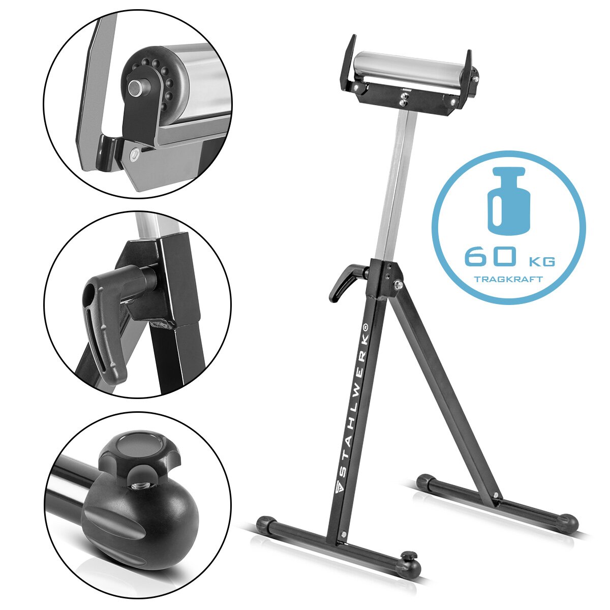 STAHLWERK Rollenbock RB-110 ST Arbeitsbock | Klappbock höhenverstellbar von 720 bis 1.100 mm mit 60 kg Tragkraft und Rollenauflage
