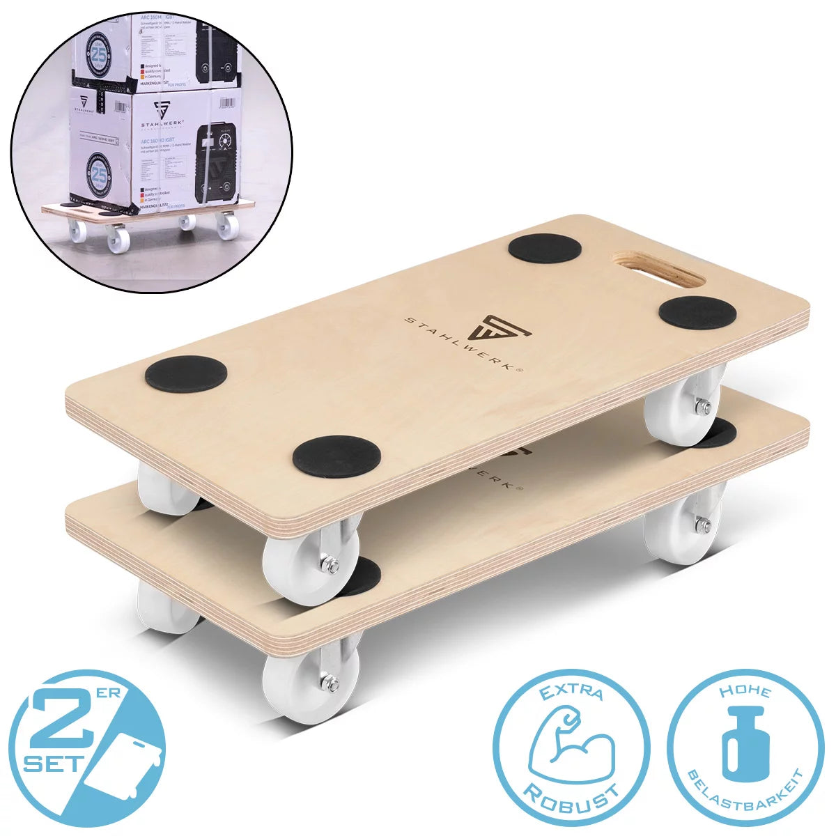 STAHLWERK TR-250 ST trolley set of 2 with 250 kg load capacity and abrasion-resistant swivel castors 58 x 29 cm platform trolley | Transport trolley | Furniture trolley | Rolling board | Handcart | Transport scooter