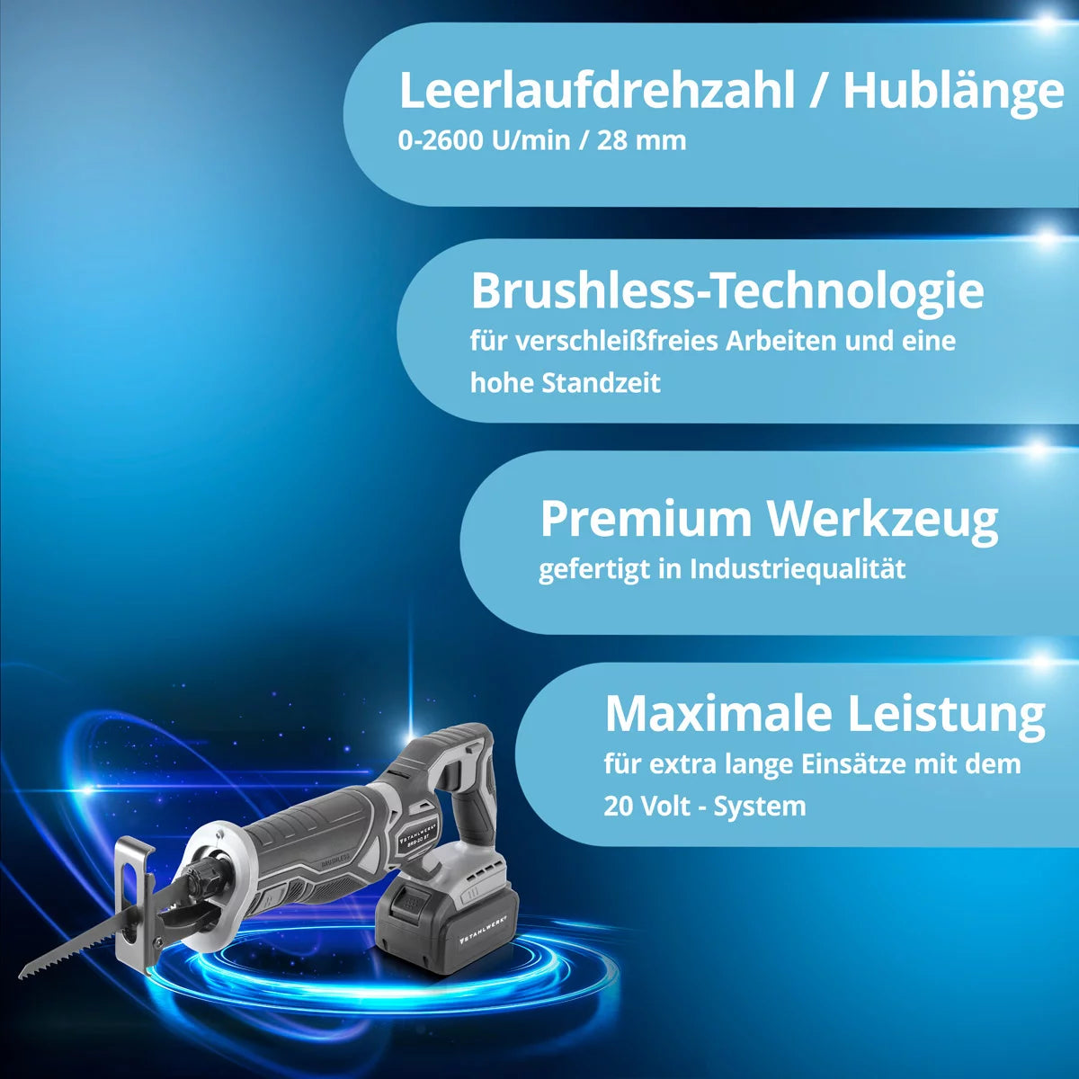 STAHLWERK Brushless Akku-Säbelsäge BRS-20 ST Reciprosäge / Stichsäge / Universalsäge mit 20 Volt, 4 Ah Li Ion Akku, Schnellspannfutter, 0-2600 U/min Leerlaufdrehzahl, 28 mm Hublänge