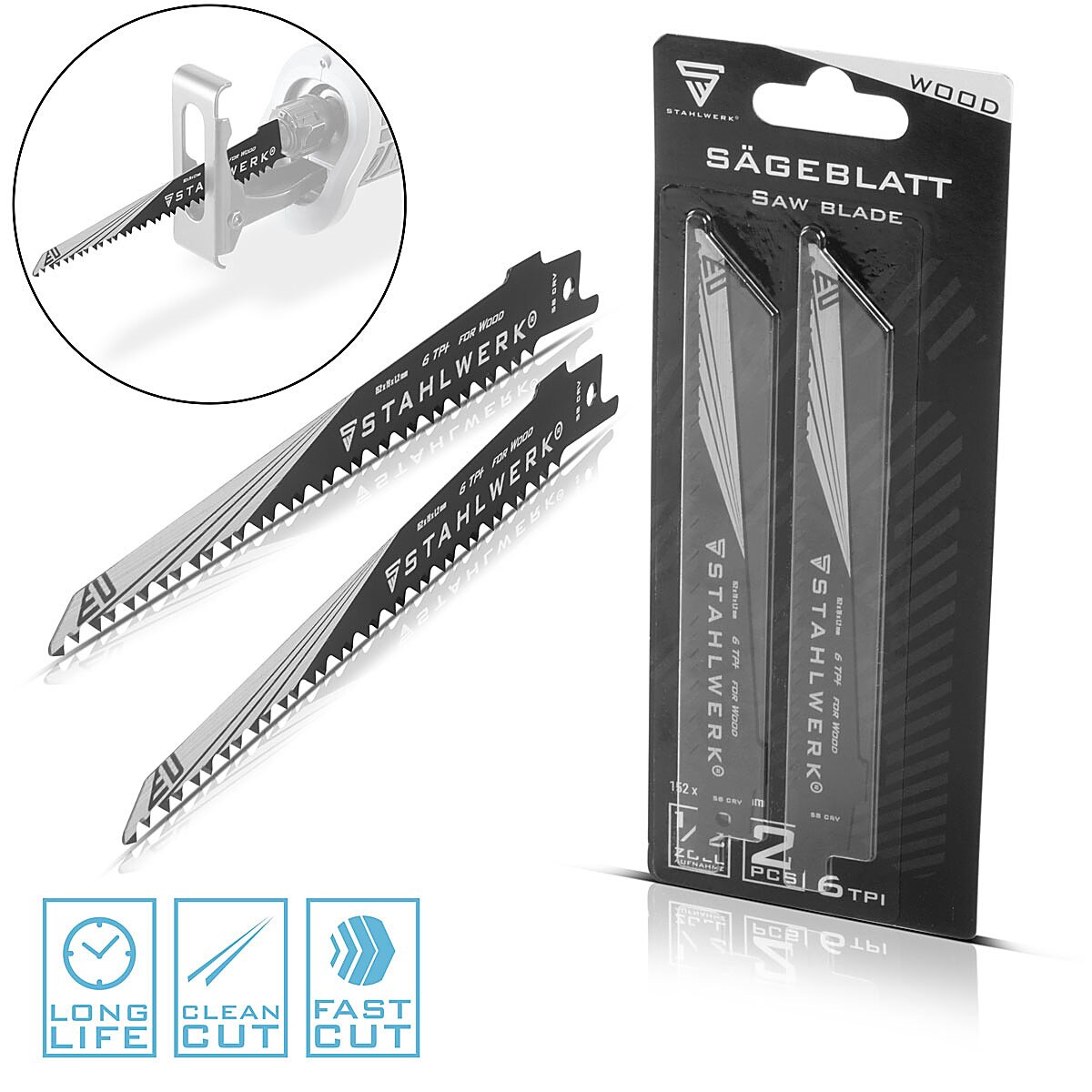STAHLWERK wood saw blade set of 2 150 x 19 x 1.2 mm long life reciprocating saw blades | Reciprocating saw blades with 1/2 inch holder and 6 TPI for reciprocating saws | Reciprocating saws | Jigsaws