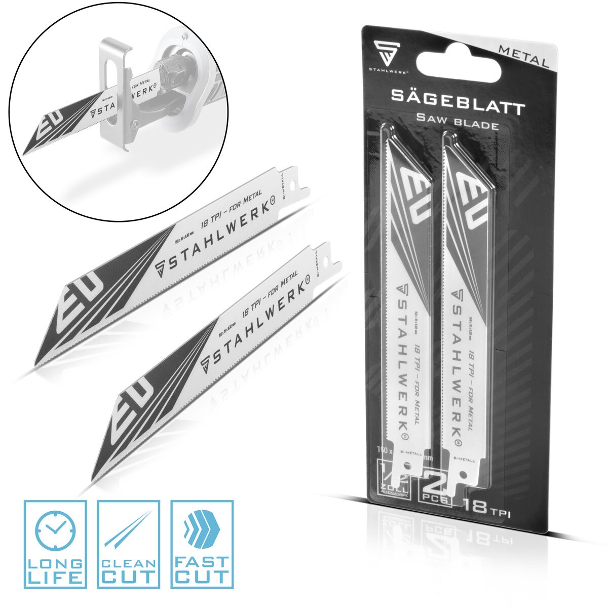 STAHLWERK metal saw blade set of 2 150 x 19 x 0.92 mm long life reciprocating saw blades | Reciprocating saw blades with 1/2 inch holder and 18 TPI for reciprocating saws | Reciprocating saws | Jigsaws