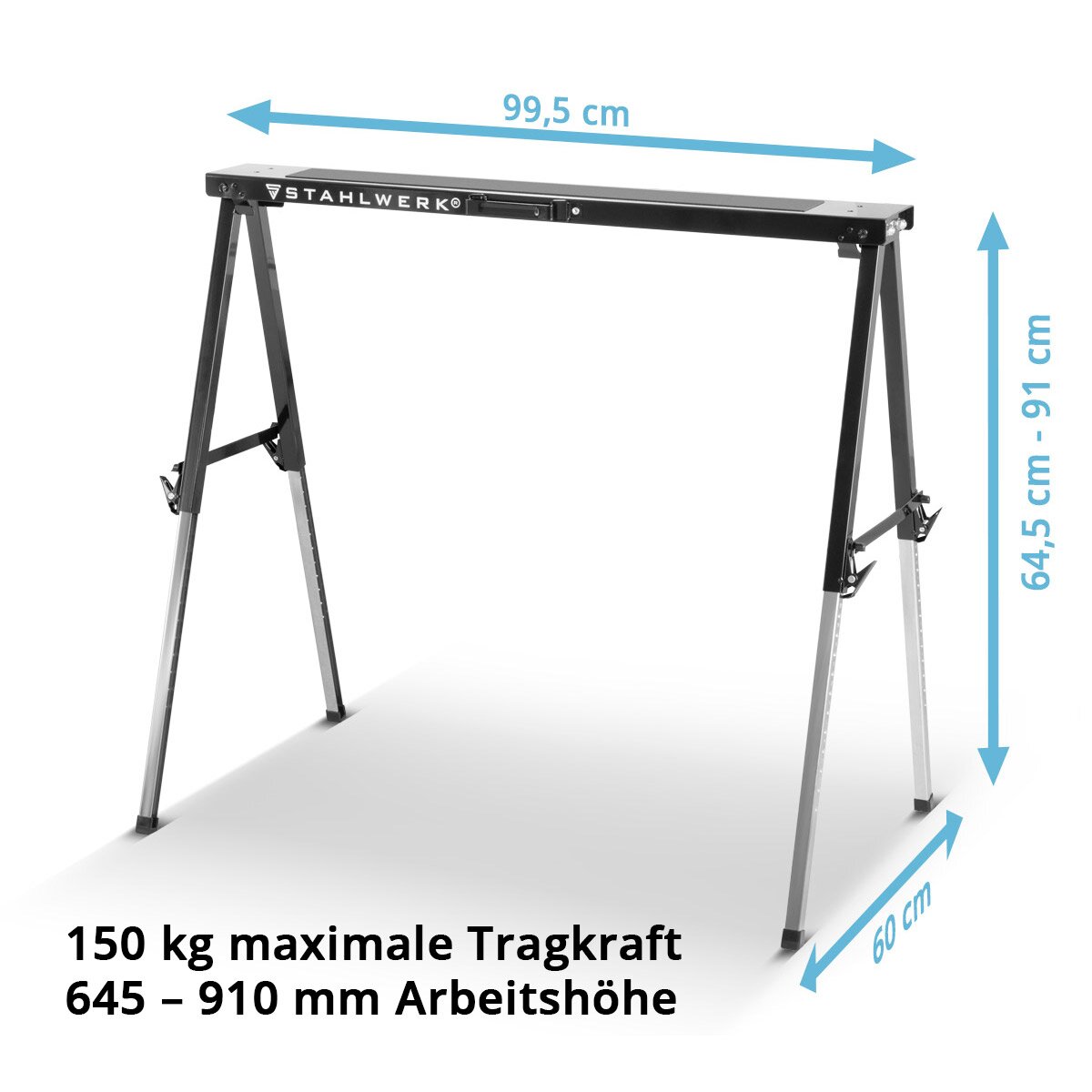 STAHLWERK sawhorse SB-910 ST powder-coated metal workhorse | Universal folding trestle | Scaffolding trestle height adjustable from 645 to 910 mm with 150 kg load capacity and non-slip surface