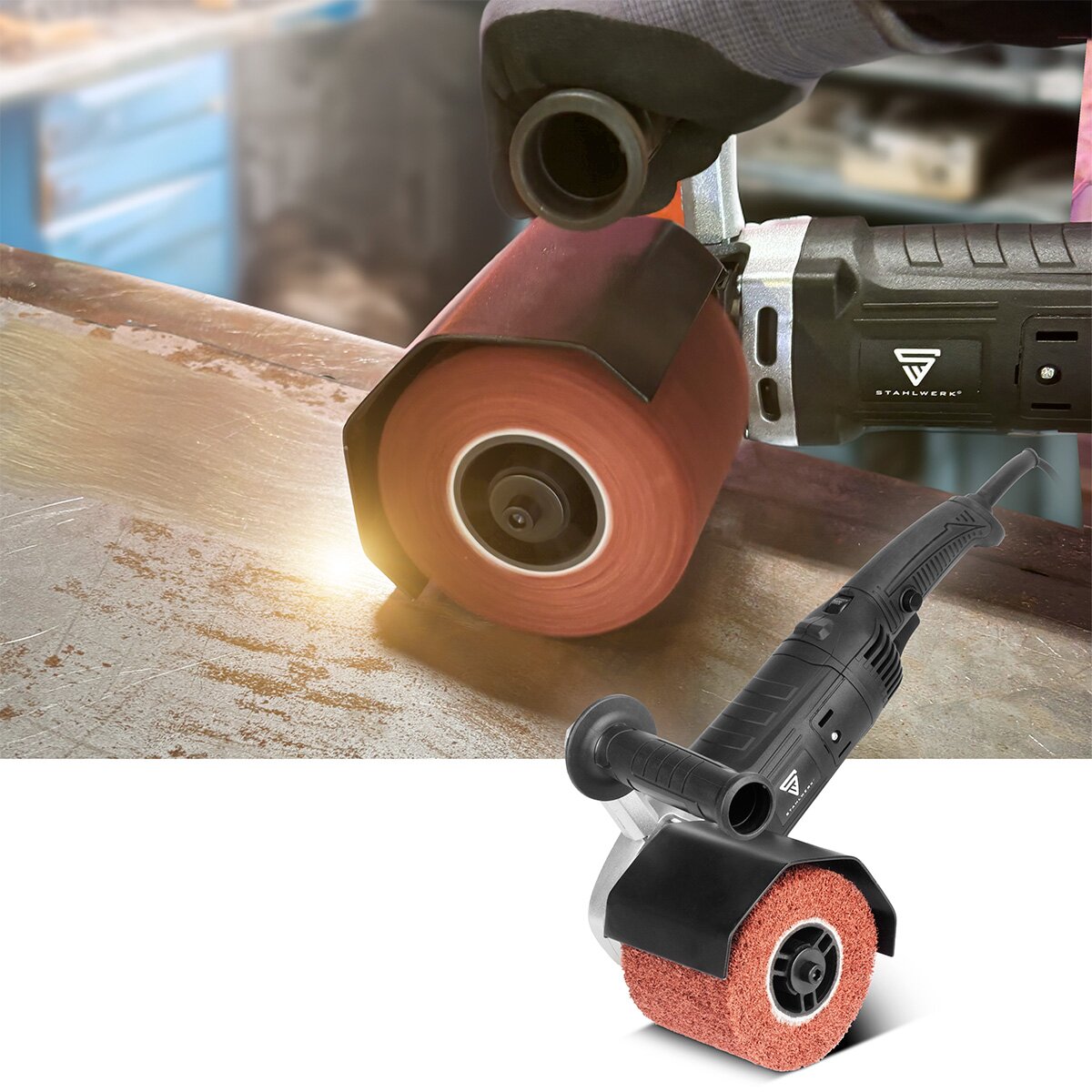 STAHLWERK Satiniermaschine SM-1500 ST mit 1.500 W Leistung und 600 - 3.200 U/min für 125 mm Satinierwalzen Bürstenschleifer | Walzenschleifmaschine | Bürstenschleifgerät | Schleifroller