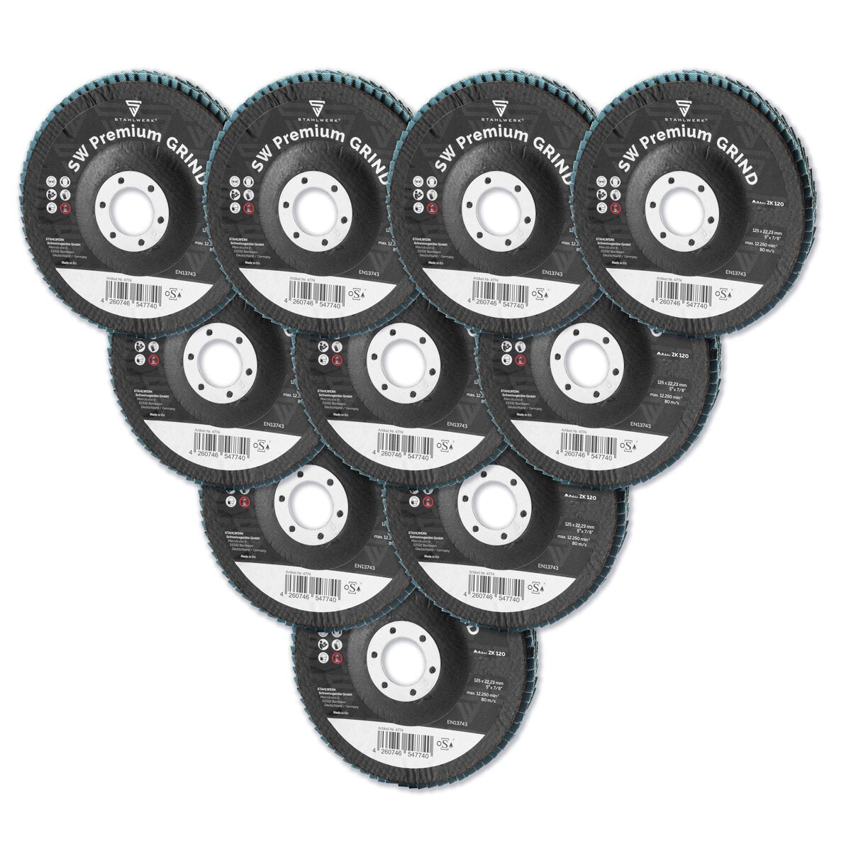 STAHLWERK flap and lamellar disc SW Premium GRIND P120 set of 10 125 x 22.23 mm | 5" x 7/8" Sanding Discs | serrated washers | Flap discs for angle grinders for grinding steel, stainless steel, aluminum and non-ferrous metals