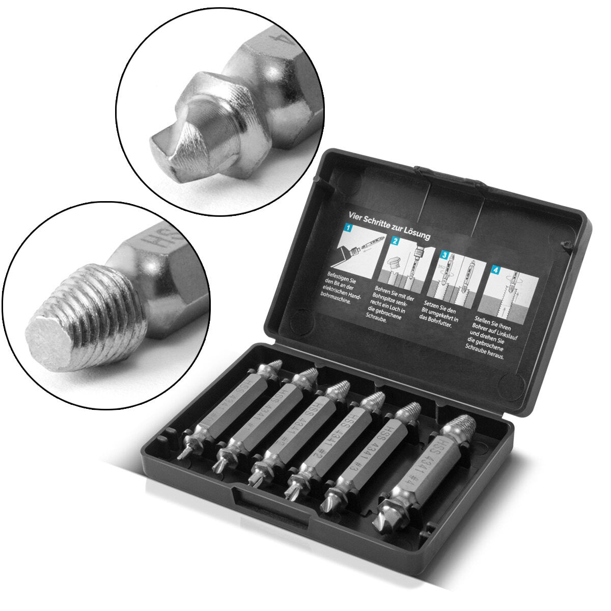 STAHLWERK left-hand extractor / screw remover / damaged screw extractor set of 6 / hardened HSS 4341 steel