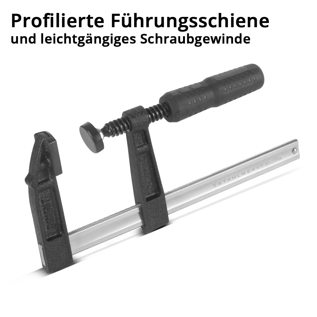 STAHLWERK Schraubzwinge 80x200 mm | kraftvolle Klemmzwinge aus Stahl und Kunststoff | F-Zwinge zum Fixieren von Werkstücken |stabile Zwinge mit Spannweite 200 mm, Spanntiefe 80 mm