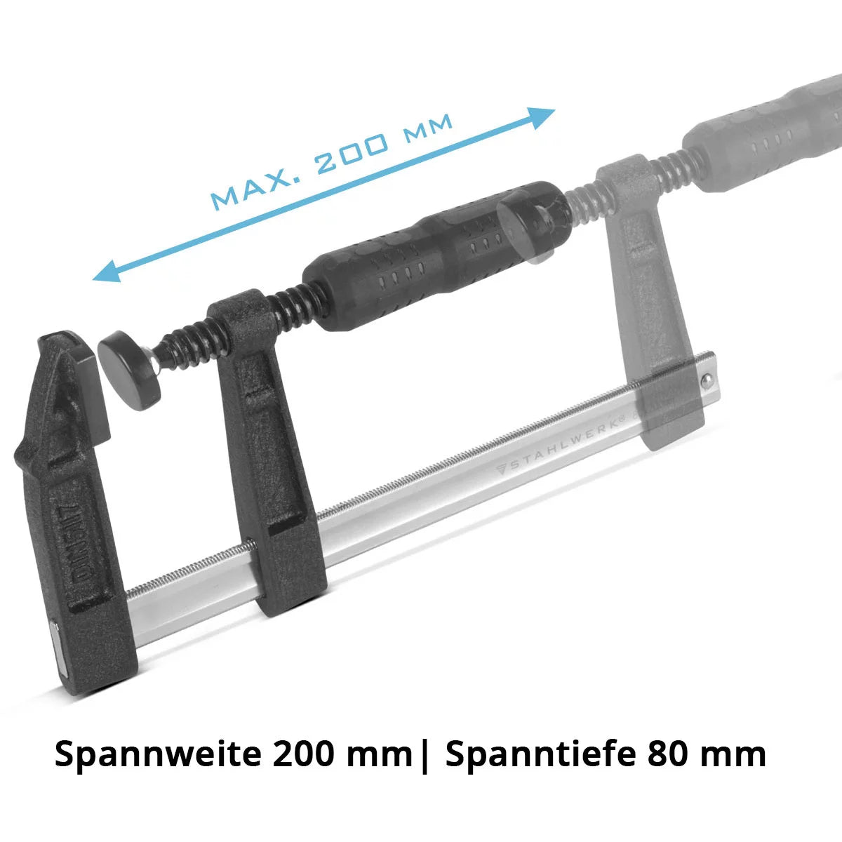 STAHLWERK Schraubzwinge 80x200 mm | kraftvolle Klemmzwinge aus Stahl und Kunststoff | F-Zwinge zum Fixieren von Werkstücken |stabile Zwinge mit Spannweite 200 mm, Spanntiefe 80 mm