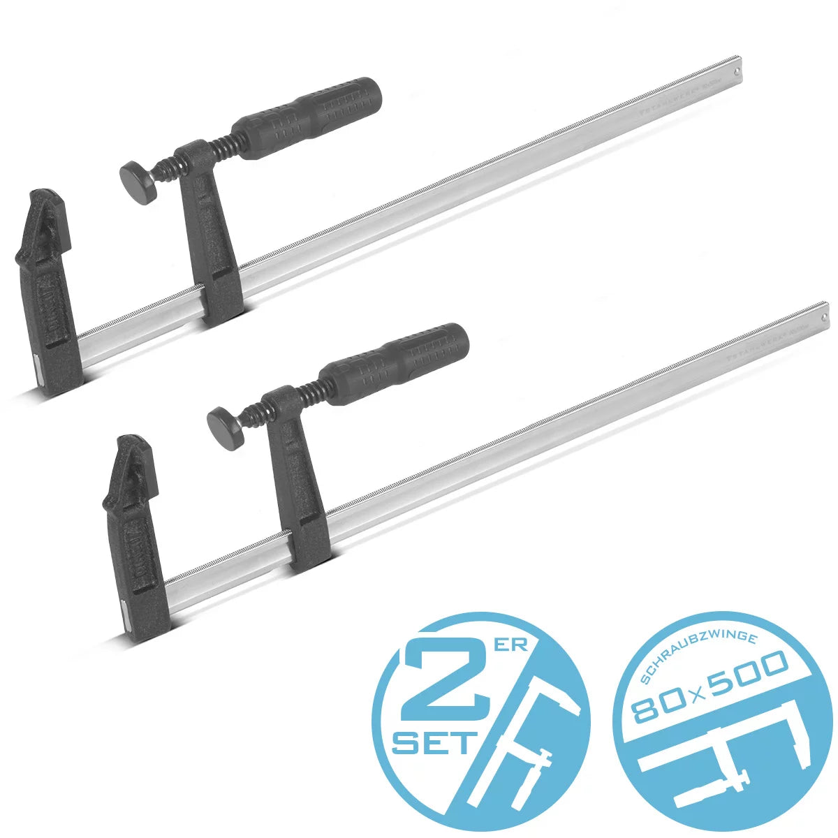 STAHLWERK Schraubzwinge 80x500 mm 2er Set | kraftvolle Klemmzwinge aus Stahl und Kunststoff | F-Zwinge zum Fixieren von Werkstücken |stabile Zwinge mit Spannweite 500 mm, Spanntiefe 80 mm