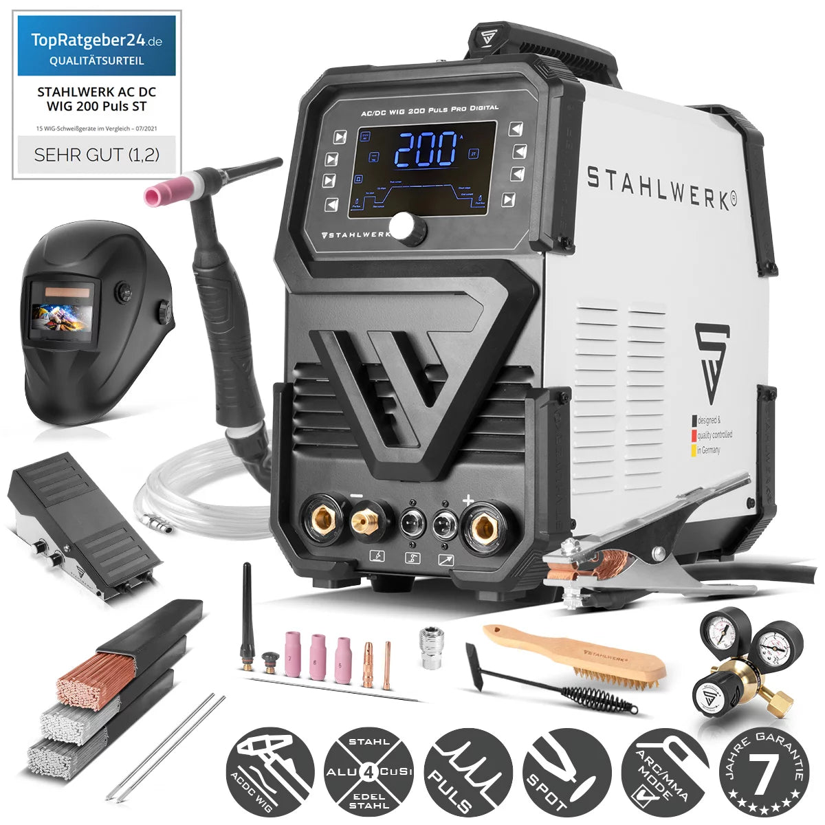Soldadora STAHLWERK con gas protector AC/DC TIG 200 Puls Pro Inversor IGBT digital totalmente equipado con 200 amperios, función ARC/MMA, memoria de trabajo, función de pulso y punto, adecuado para aluminio y chapa fina