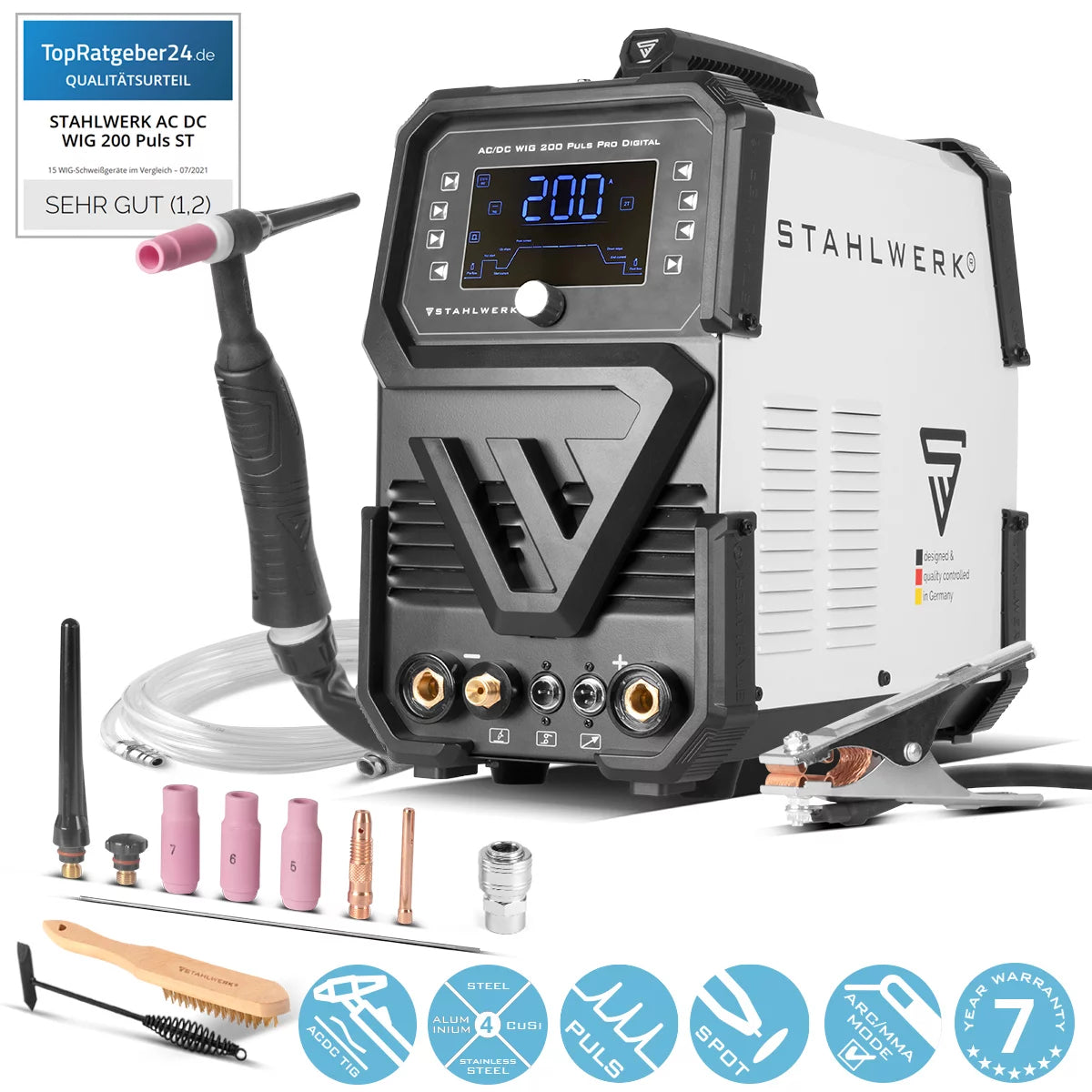 STAHLWERK inert gas welding machine AC/DC TIG 200 Puls Pro Digital | IGBT inverter with 200 amps, ARC/MMA function, job memory, pulse and spot function, suitable for aluminum and thin sheet metal