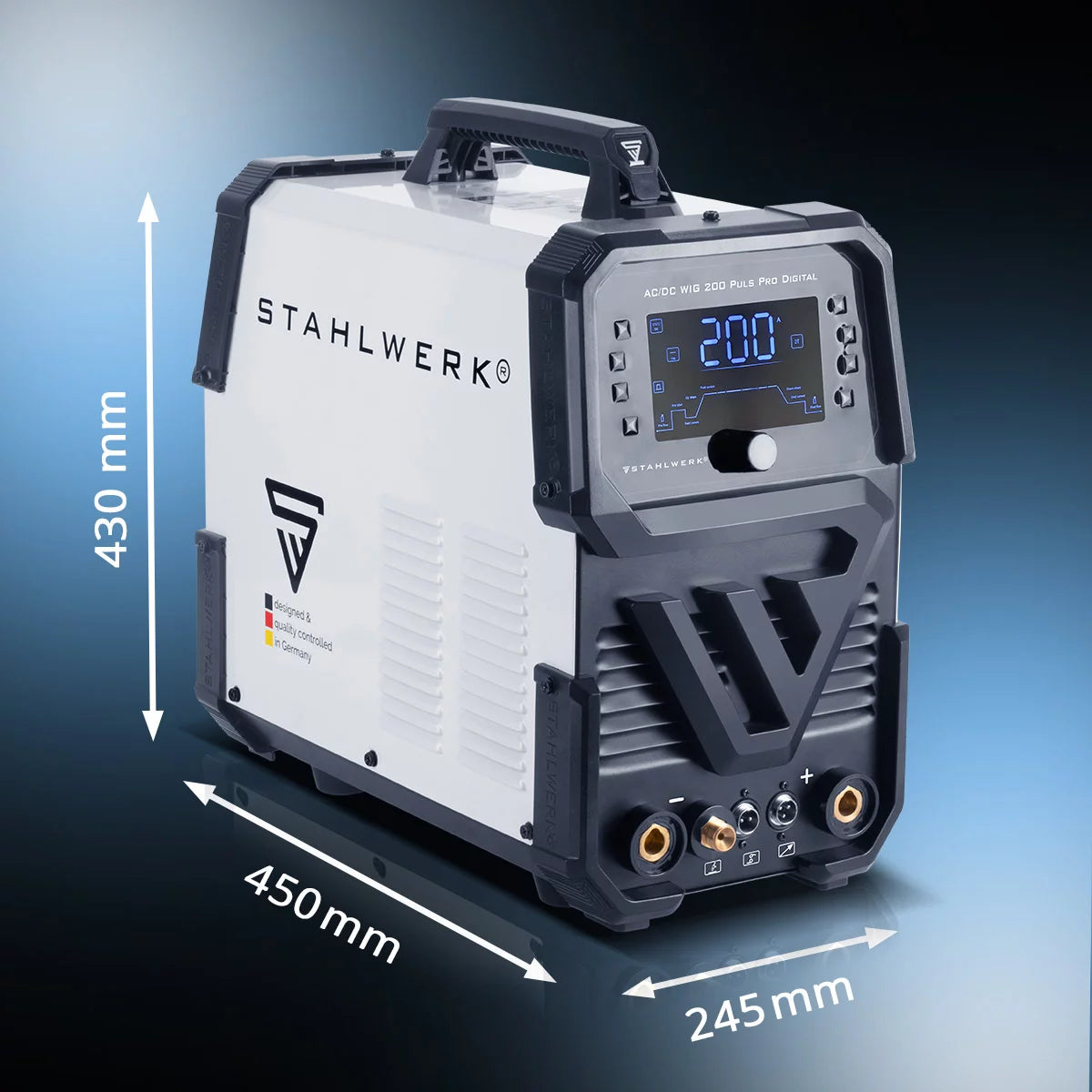 Soldadora STAHLWERK con gas protector AC/DC TIG 200 Puls Pro Inversor IGBT digital totalmente equipado con 200 amperios, función ARC/MMA, memoria de trabajo, función de pulso y punto, adecuado para aluminio y chapa fina