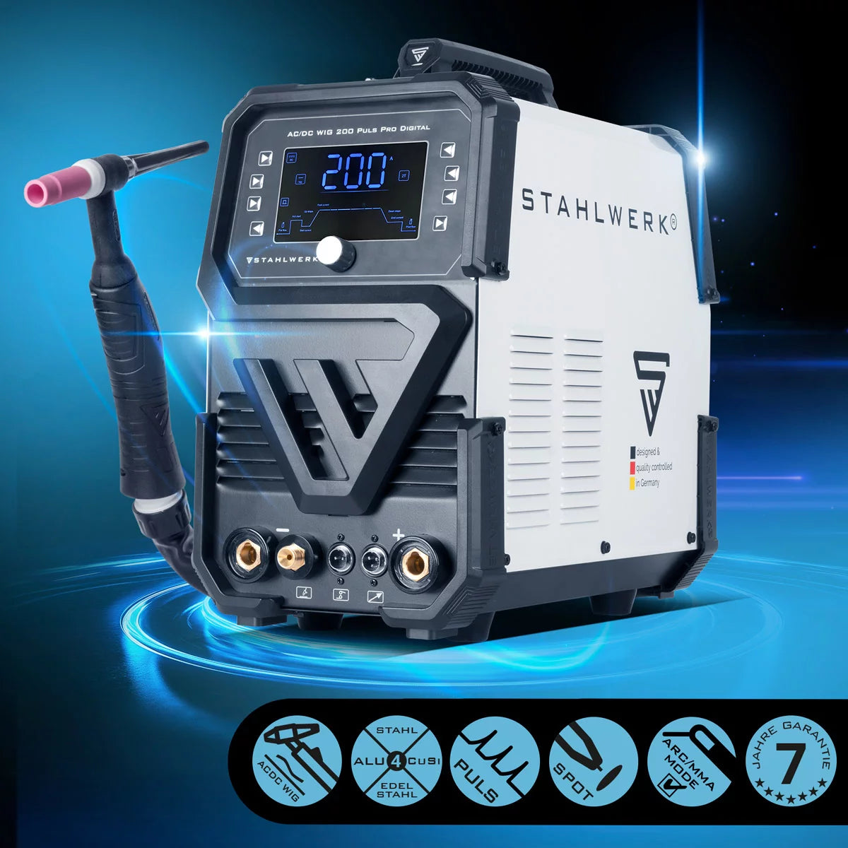 Soldadora STAHLWERK con gas protector AC/DC TIG 200 Puls Pro Inversor IGBT digital totalmente equipado con 200 amperios, función ARC/MMA, memoria de trabajo, función de pulso y punto, adecuado para aluminio y chapa fina