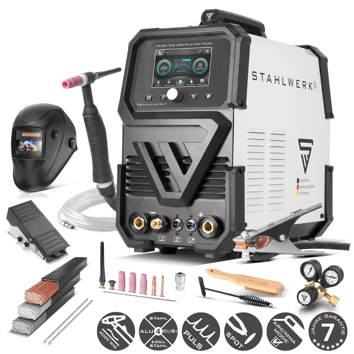 Saldatrice a gas inerte STAHLWERK AC/DC TIG 200 Puls Pro Touch inverter IGBT da 200 A completamente equipaggiato | Funzione ARC/MMA | Archiviazione lavori | Funzione pulsata e spot adatta per alluminio e lamiere sottili