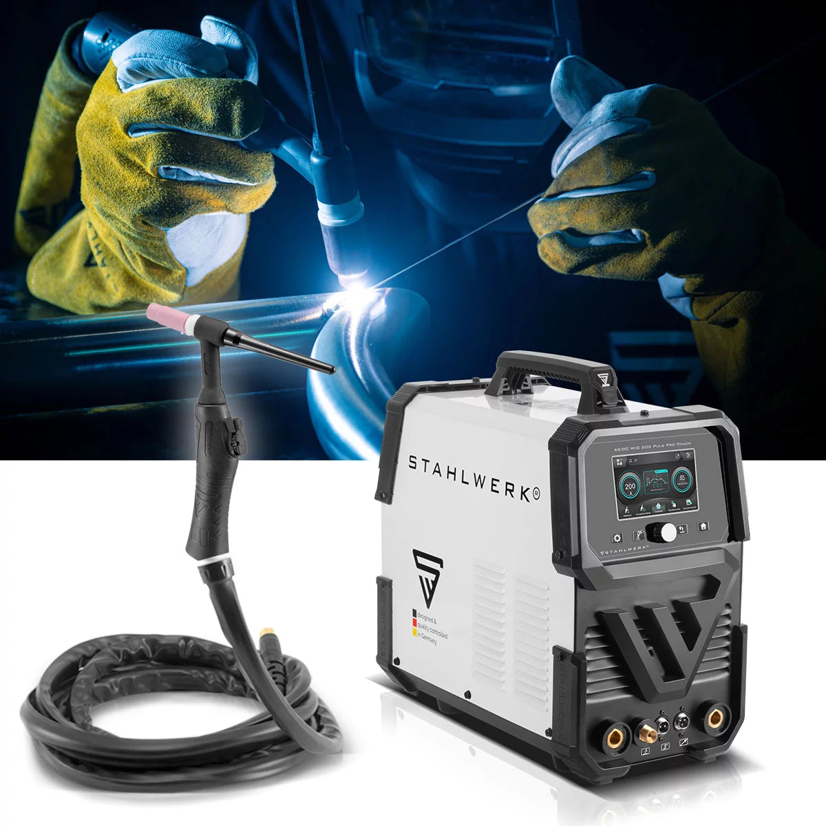 Saldatrice a gas inerte STAHLWERK AC/DC TIG 200 Puls Pro Touch | Convertitore IGBT da 200 A | Funzione ARC/MMA | Archiviazione lavori | Funzione pulsata e spot adatta per alluminio e lamiere sottili