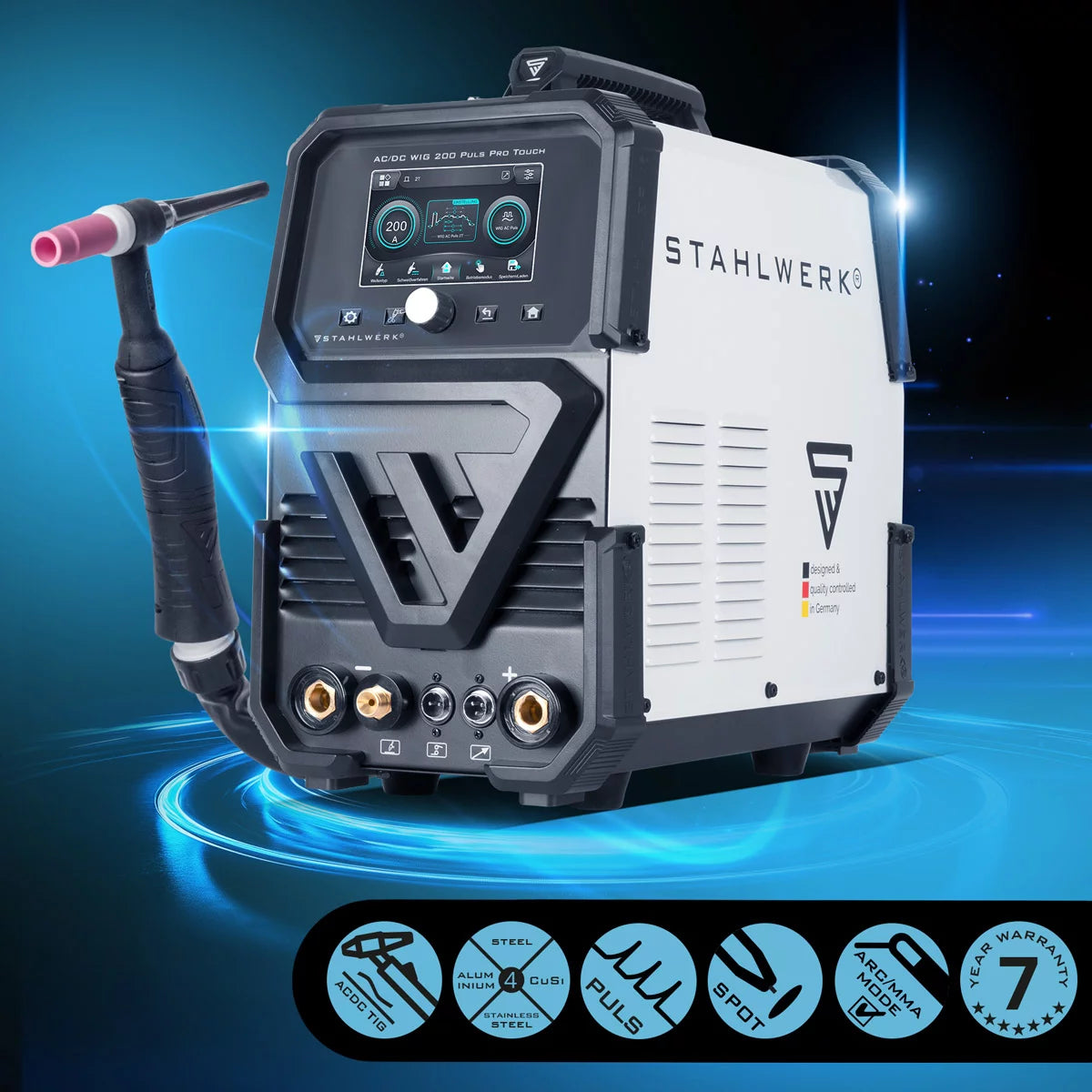 Saldatrice a gas inerte STAHLWERK AC/DC TIG 200 Puls Pro Touch | Convertitore IGBT da 200 A | Funzione ARC/MMA | Archiviazione lavori | Funzione pulsata e spot adatta per alluminio e lamiere sottili