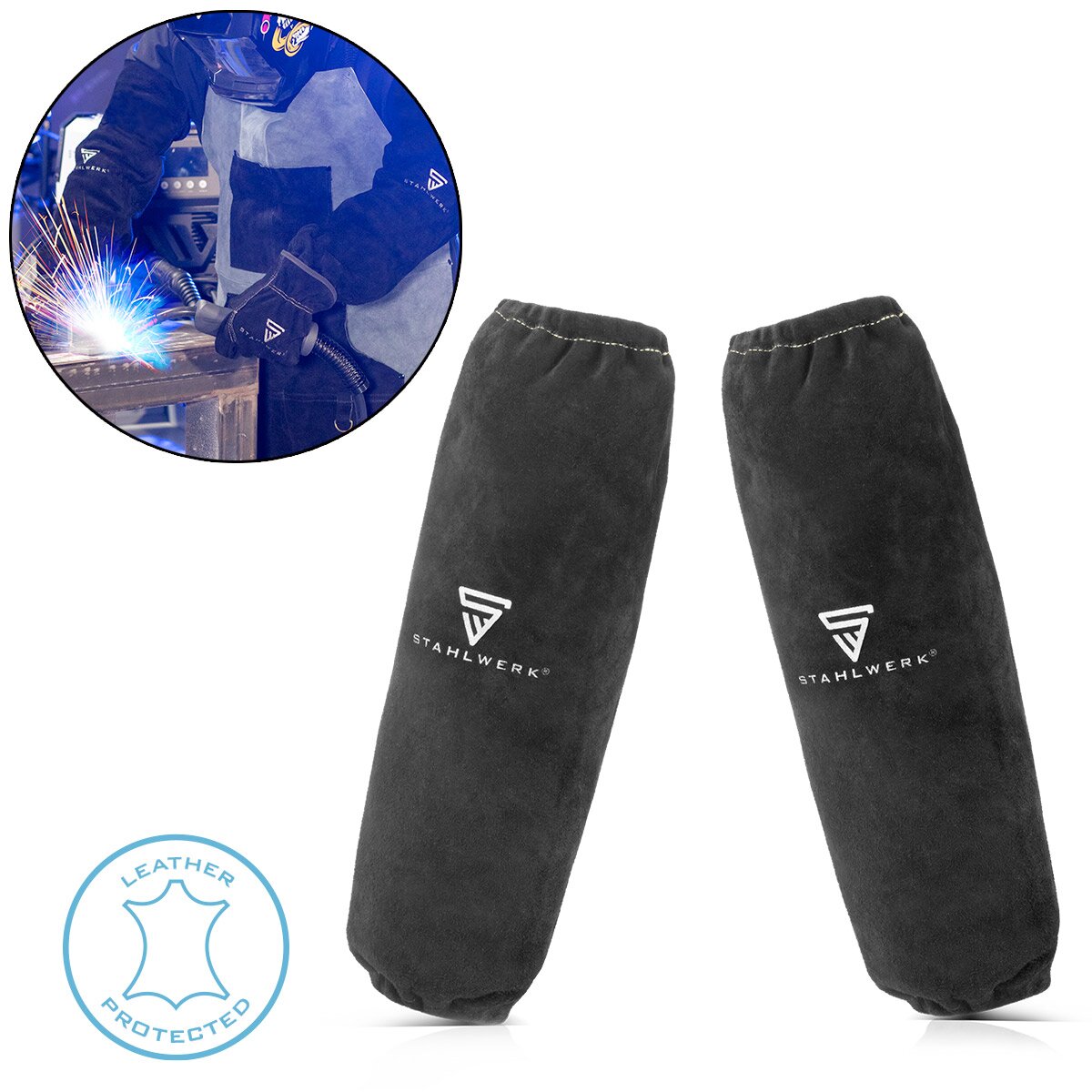 STAHLWERK welding sleeves | Welder's gauntlets | Welding protective sleeves | Welding arm protection | Welding protective clothing with elastic waistband made of high-quality split leather for welding and plasma cutting
