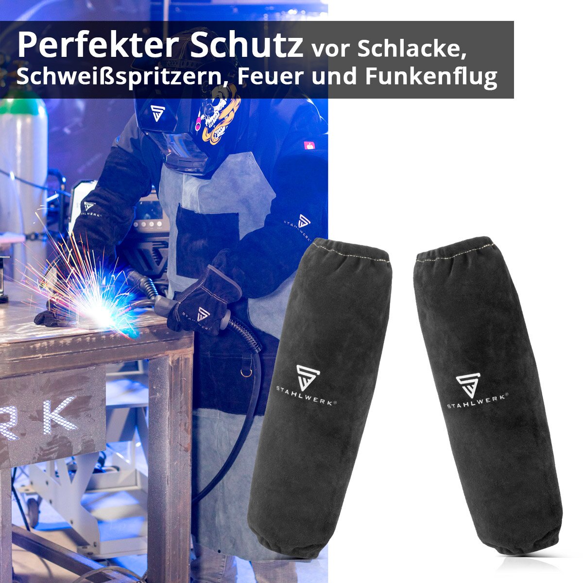 STAHLWERK welding sleeves | Welder's gauntlets | Welding protective sleeves | Welding arm protection | Welding protective clothing with elastic waistband made of high-quality split leather for welding and plasma cutting