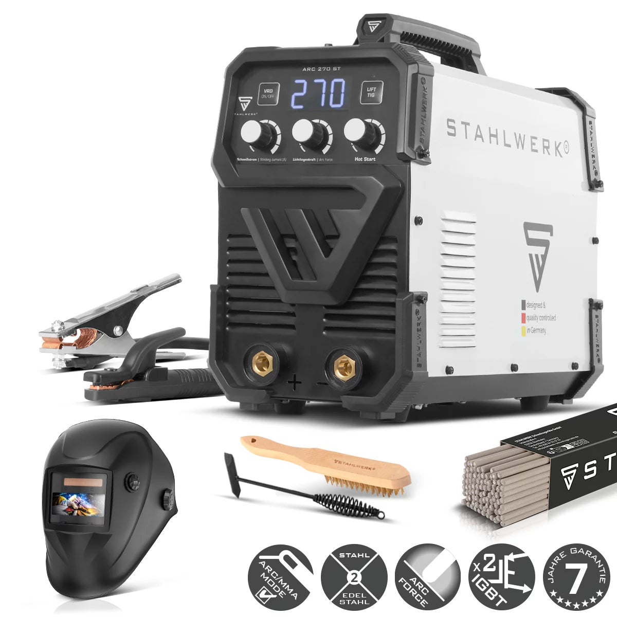 Saldatrice IGBT completamente attrezzata STAHLWERK ARC 270 ST Saldatrice DC MMA / E-hand, funzione lift-TIG con 270 A reali, molto compatta, 400 V, bianco