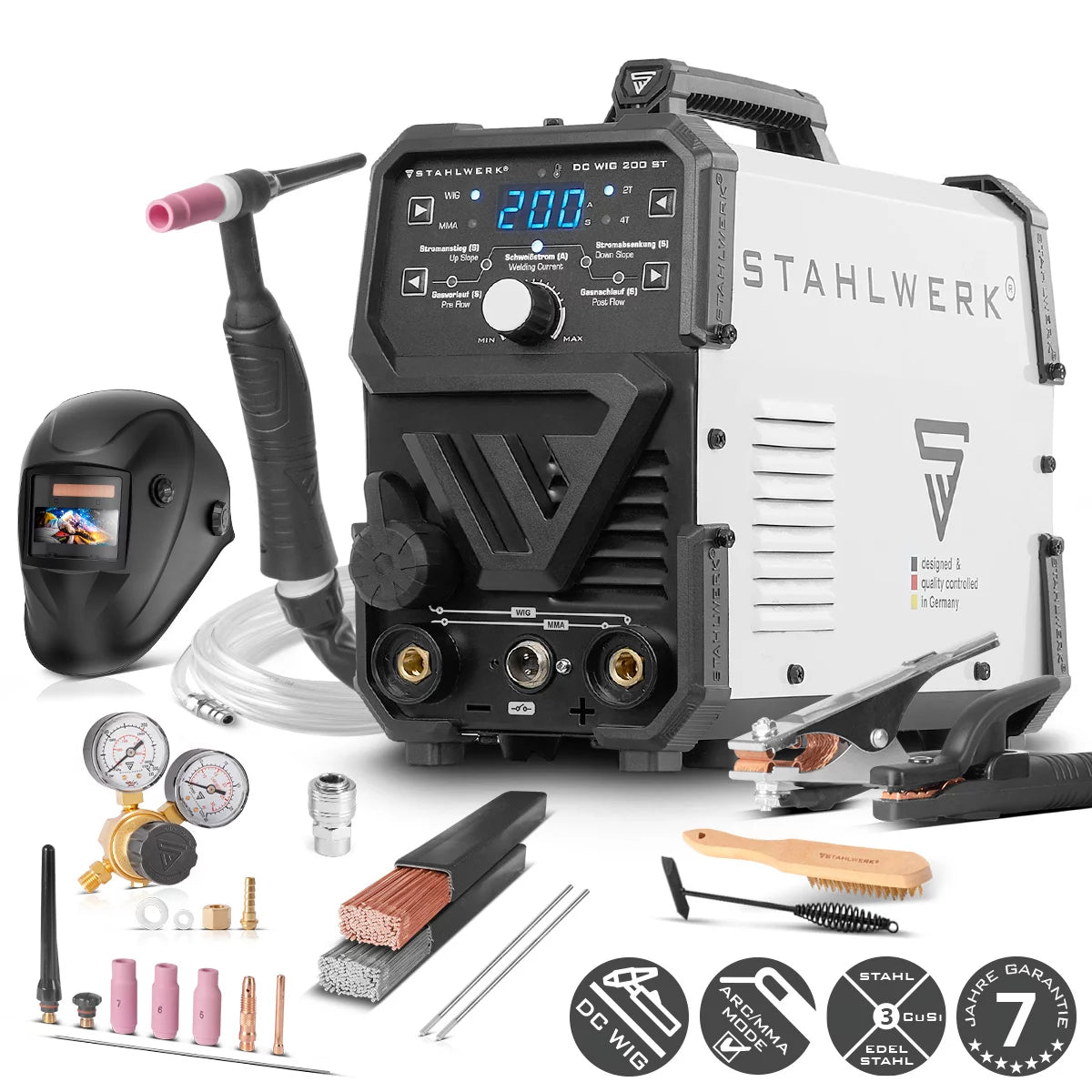 STAHLWERK DC TIG 200 ST - juego completo - soldadora combinada TIG con 200 A y MMA, soldadura de acero, acero inoxidable y mucho más. (sin soldadura ALU)