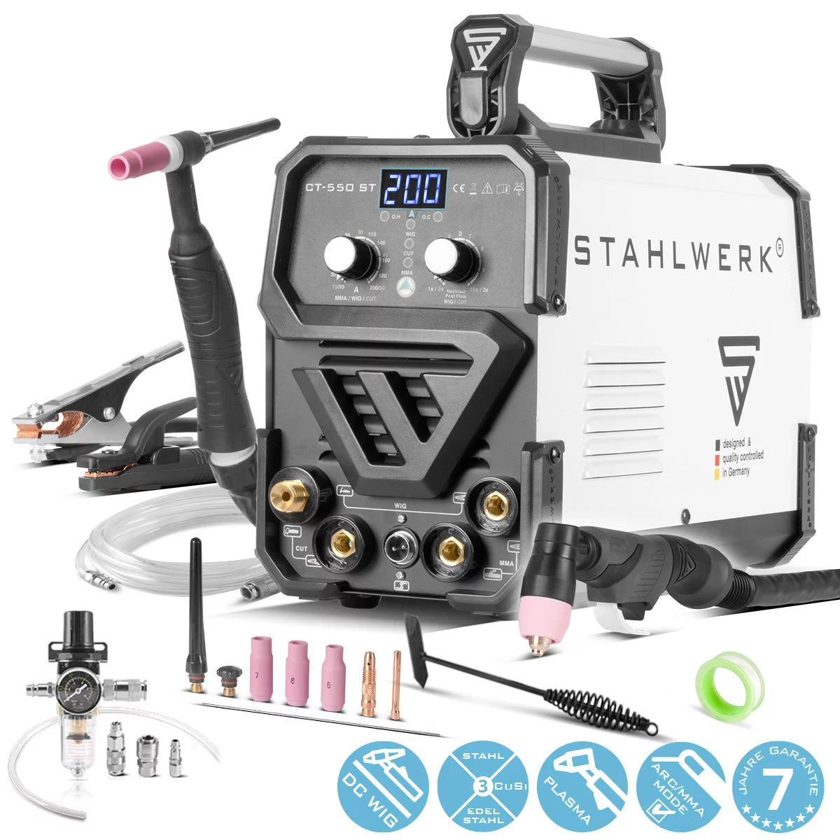 STAHLWERK 3 in 1 Kombi-Schweißgerät CT 550 ST IGBT mit Elektroden- und Plasma-Funktion / DC WIG MMA Schweißgerät mit Plasmaschneider bis 12mm, 200 Ampere WIG/MMA + 50 A CUT