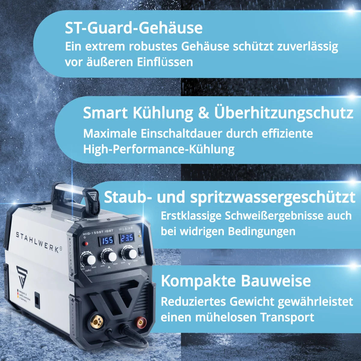 Soldadora STAHLWERK MIG MAG 155 ST IGBT con alimentación de hilo sinérgica y 155 amperios reales / soldadora de gas inerte con MMA / E-hand