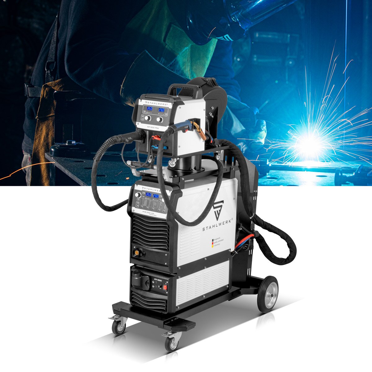 STAHLWERK Industrie-Schweißgerät MIG MAG 350 DP Vollsynergischer, wassergekühlter IGBT Inverter mit 350 A und Spot-Funktion, MIG MAG Schweißanlage mit Puls | Doppelpuls | High-Speed Puls