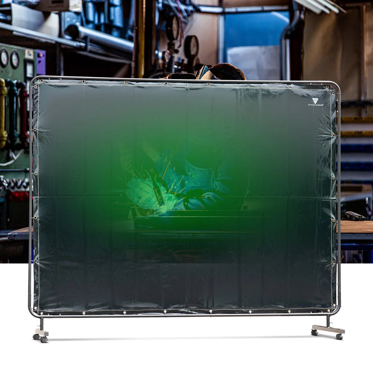 Muro protector de soldadura móvil STAHLWERK 240 x 180 cm de acero y plástico vinílico resistente a los rayos UV