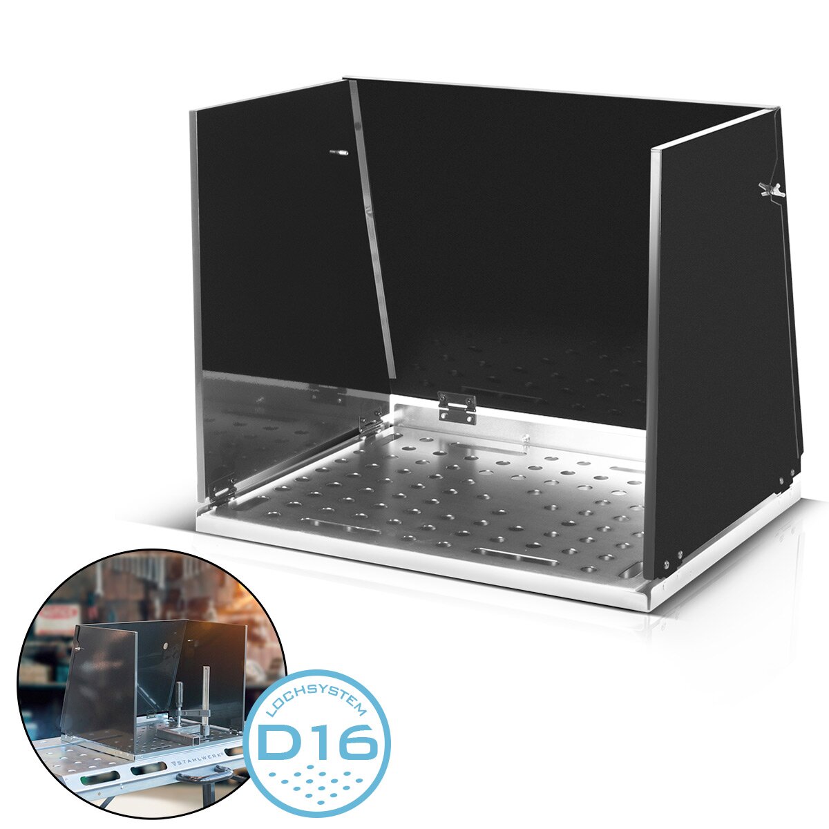 Accesorio para mesa de soldadura STAHLWERK SA-500 ST Cabina de soldadura móvil de 500 x 400 mm | Extensión de mesa de soldadura plegable para bancos de trabajo y mesas de montaje con placa perforada D16 para herramientas de sujeción